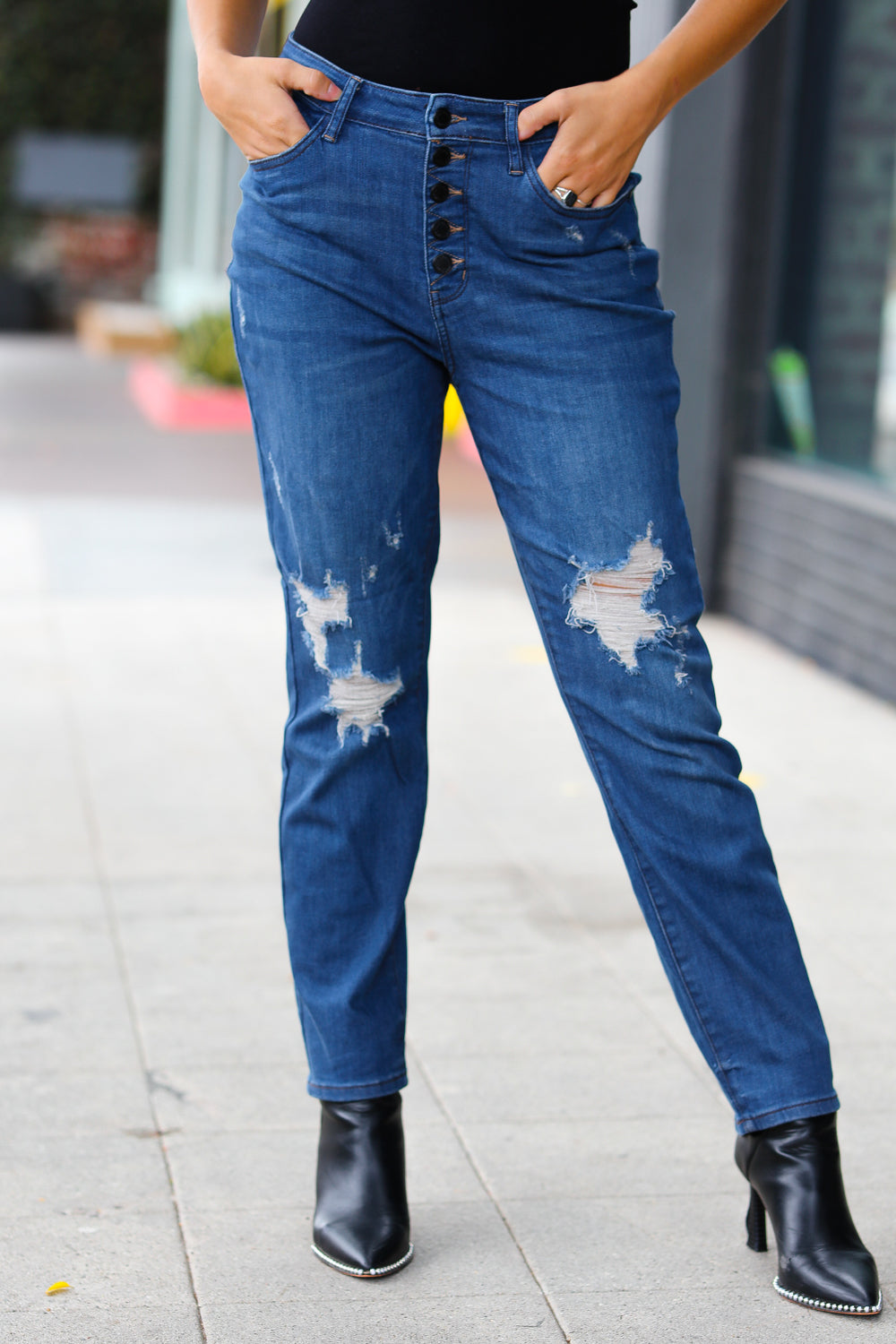 High Rise Boyfriend Fit Button Fly Distressed Judy Blue Jeans