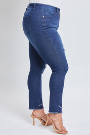Distress Signal Tummy Control Skinny Jeans by RFM in Dark Indigo