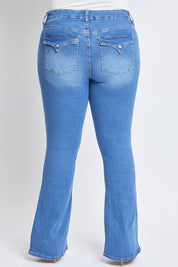 High Rise Non Distressed Tummy Control Flap Pocket Bootcut Jeans by RFM - Medium Wash