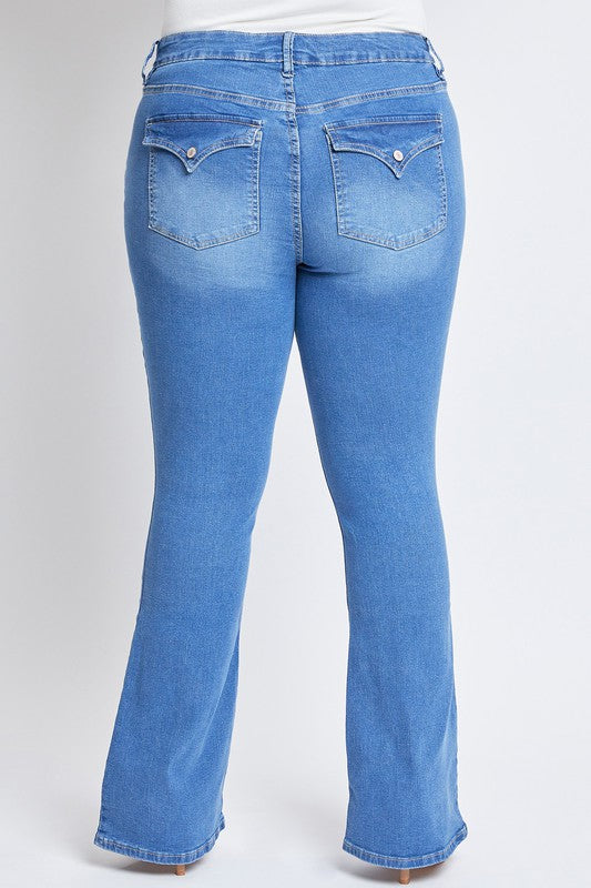 High Rise Non Distressed Tummy Control Flap Pocket Bootcut Jeans by RFM - Medium Wash