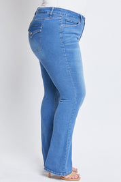 High Rise Non Distressed Tummy Control Flap Pocket Bootcut Jeans by RFM - Medium Wash