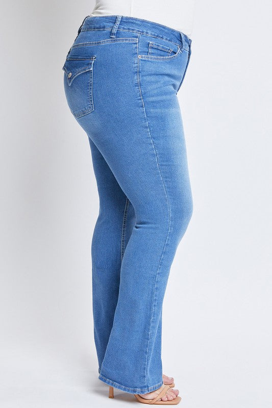 High Rise Non Distressed Tummy Control Flap Pocket Bootcut Jeans by RFM - Medium Wash