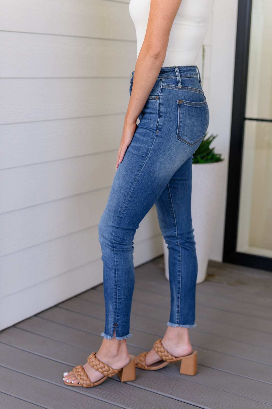 High Rise Tummy Control Side Slit Skinny Judy Blue Jeans