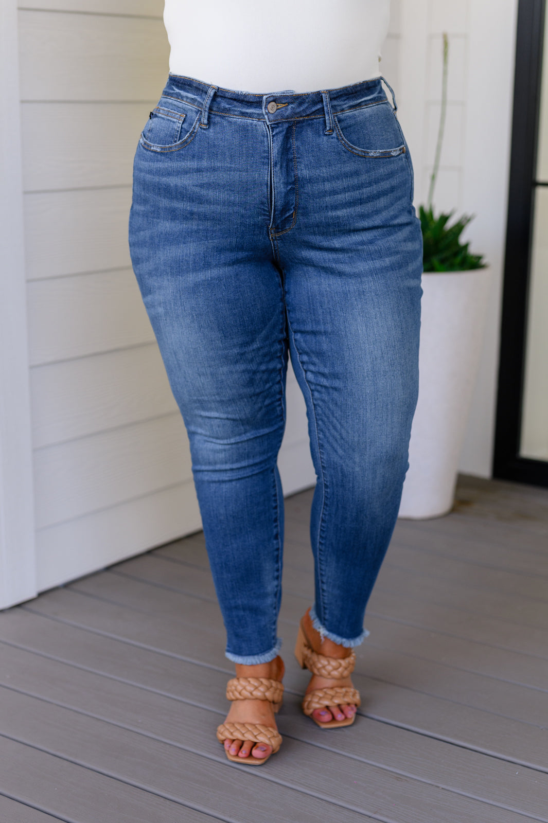 High Rise Tummy Control Side Slit Skinny Judy Blue Jeans