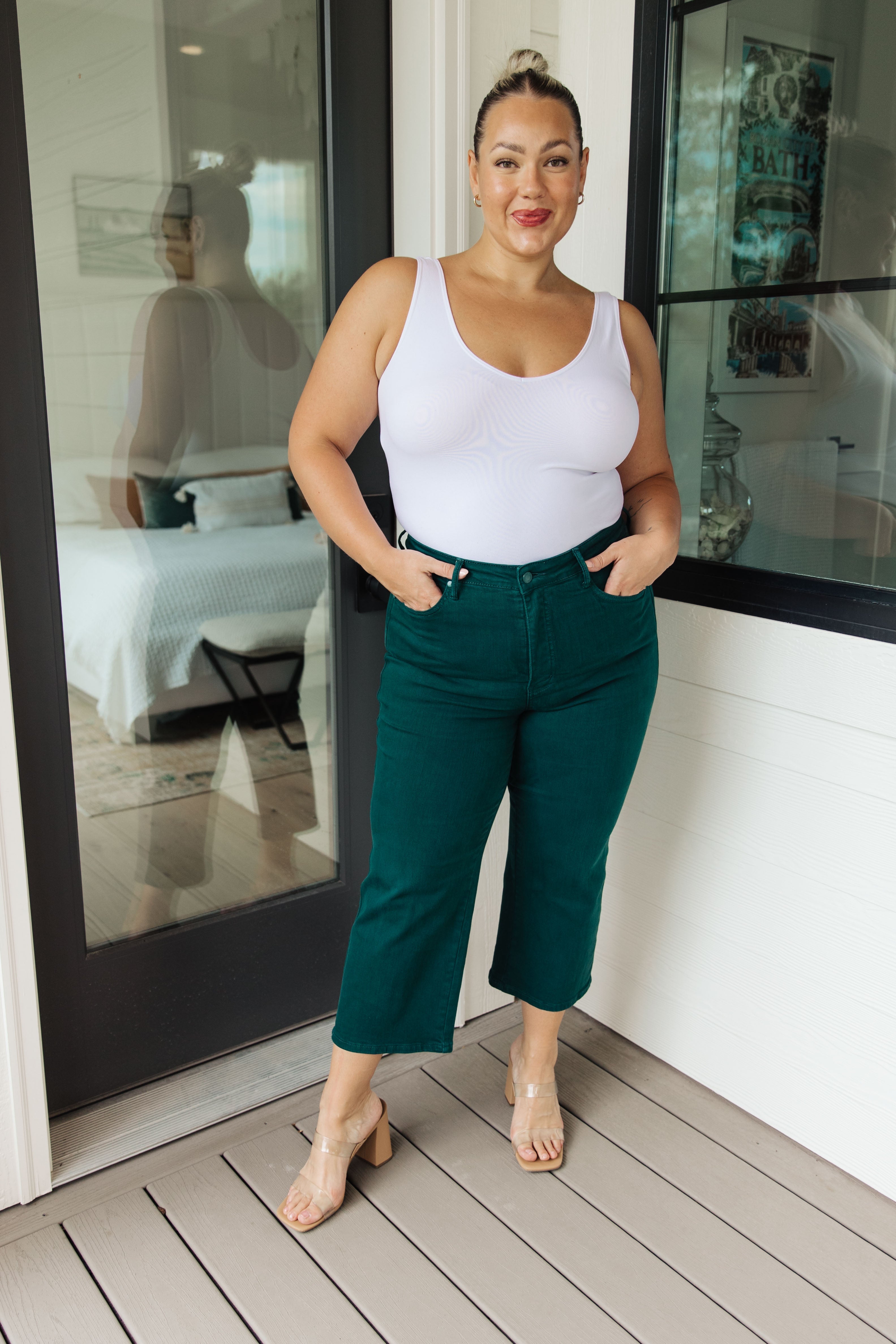 High Rise Tummy Control Wide Leg Crop Judy Blue Jeans in Teal