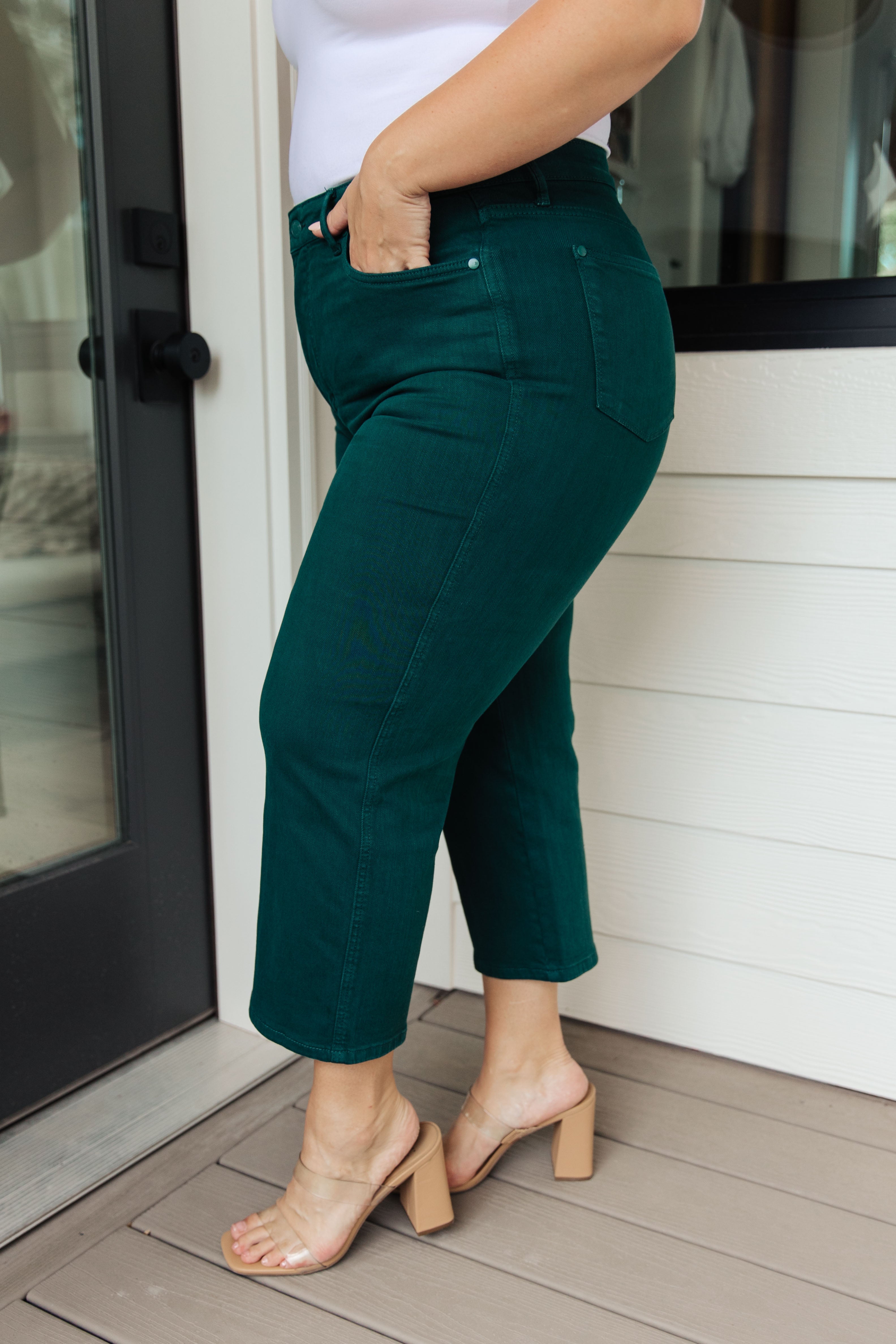 High Rise Tummy Control Wide Leg Crop Judy Blue Jeans in Teal