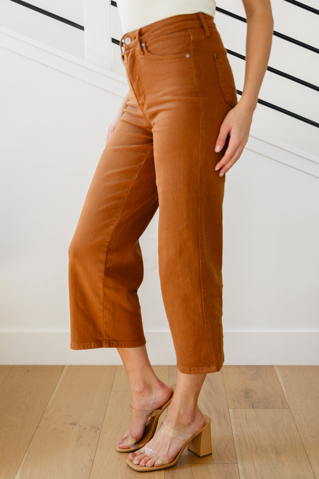 High Rise Tummy Control Wide Leg Crop Judy Blue Jeans in Camel