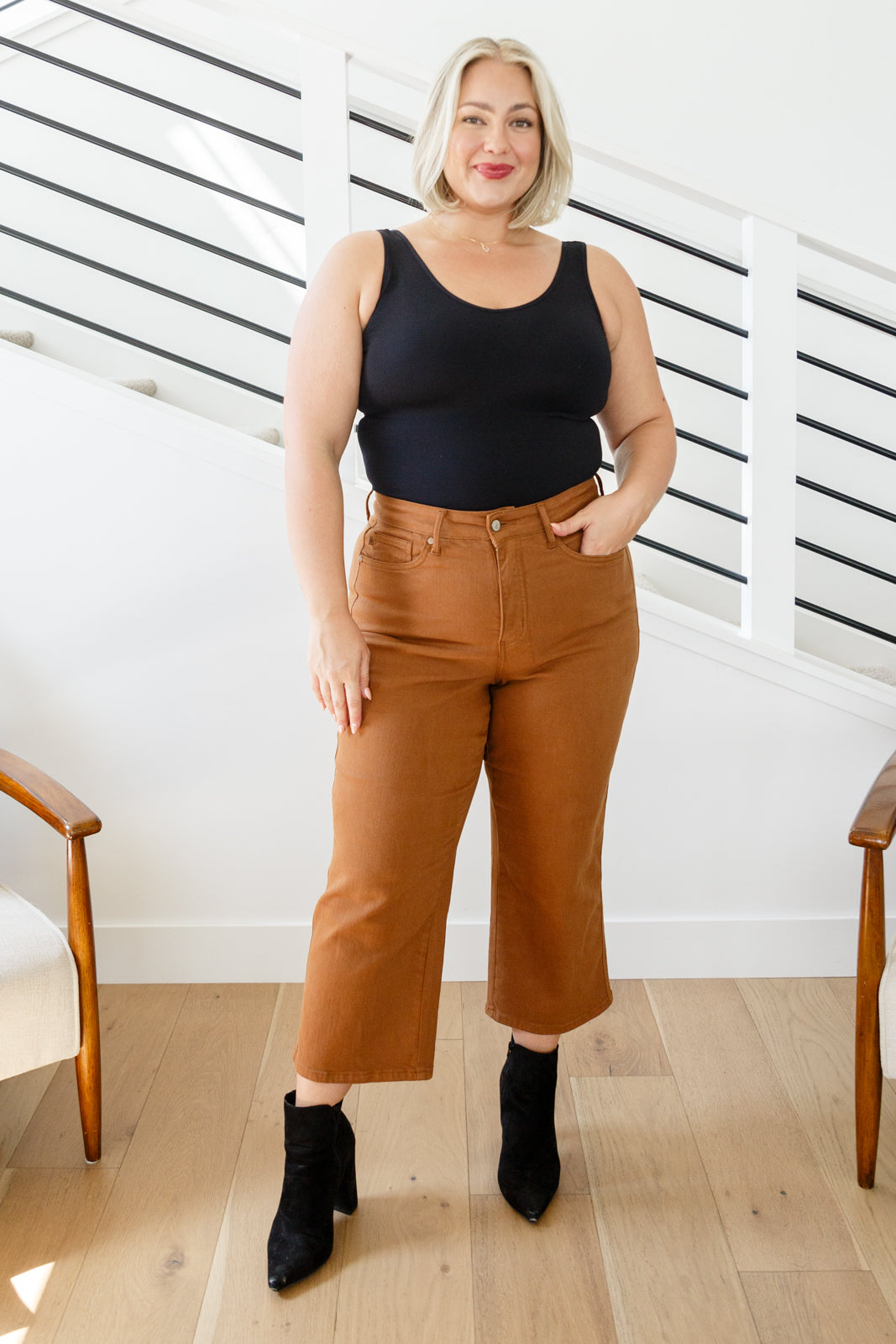 High Rise Tummy Control Wide Leg Crop Judy Blue Jeans in Camel