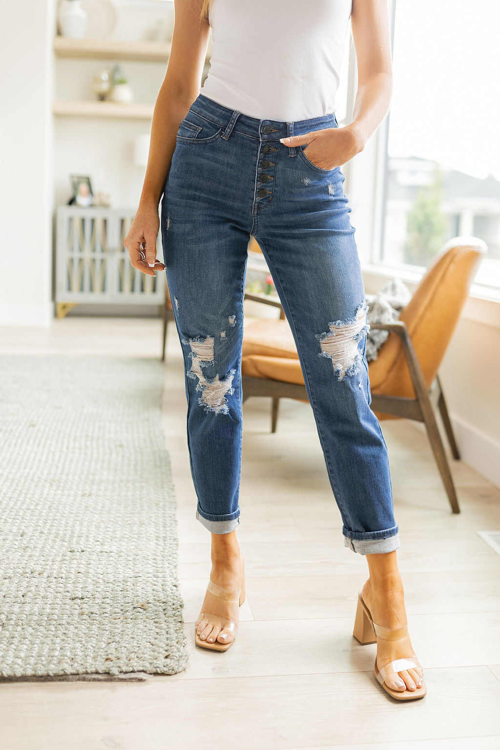 High Rise Button Fly Distressed Boyfriend Judy Blue Jeans