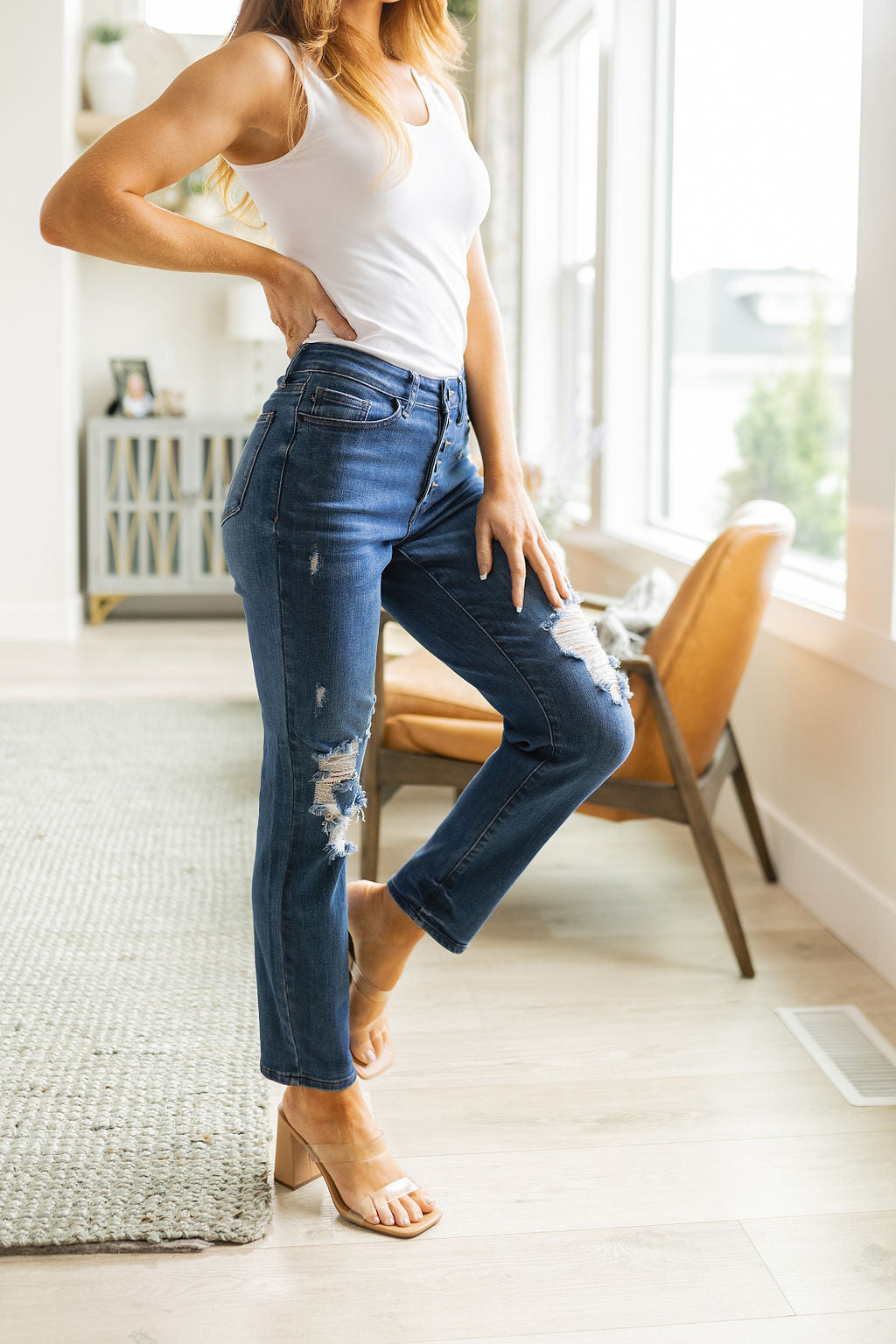 High Rise Button Fly Distressed Boyfriend Judy Blue Jeans