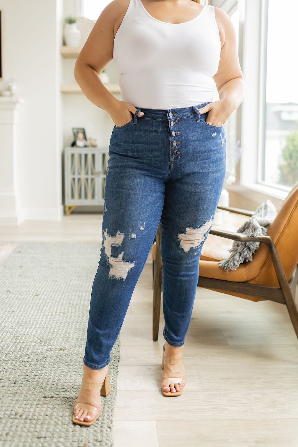 High Rise Button Fly Distressed Boyfriend Judy Blue Jeans