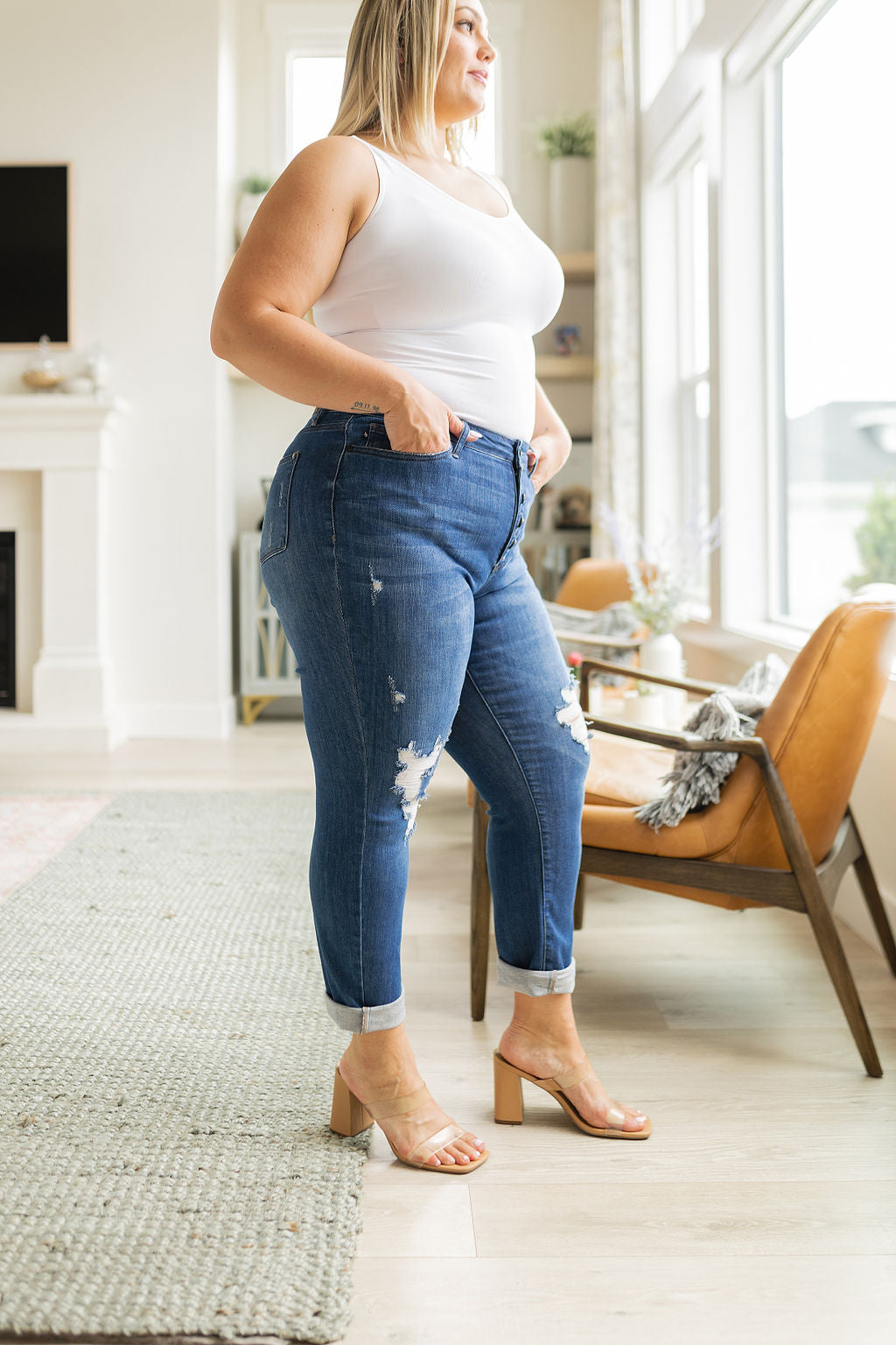 High Rise Button Fly Distressed Boyfriend Judy Blue Jeans