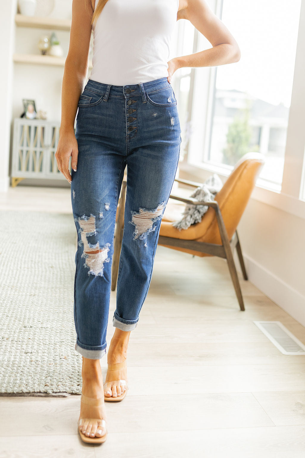 High Rise Button Fly Distressed Boyfriend Judy Blue Jeans