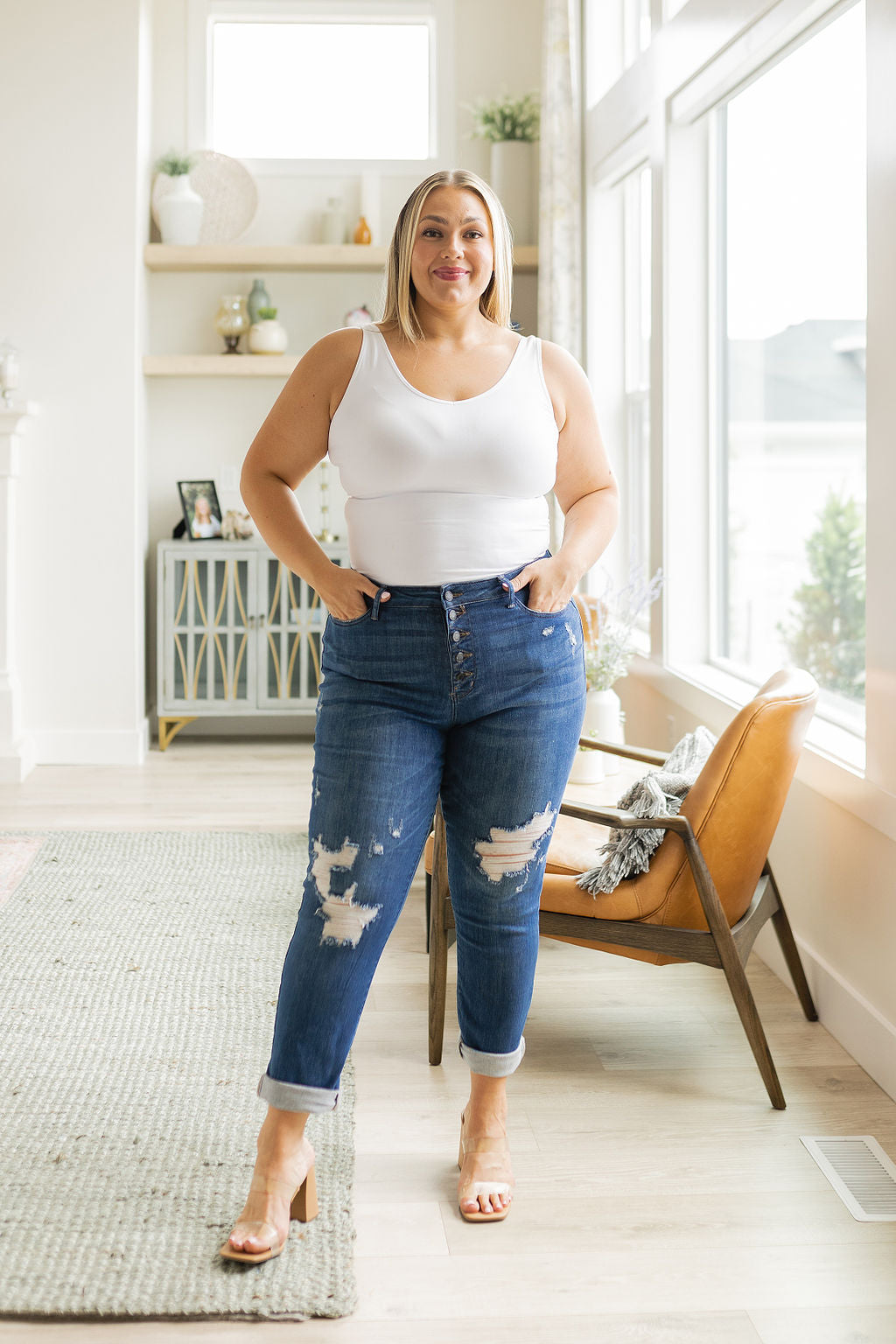 High Rise Button Fly Distressed Boyfriend Judy Blue Jeans