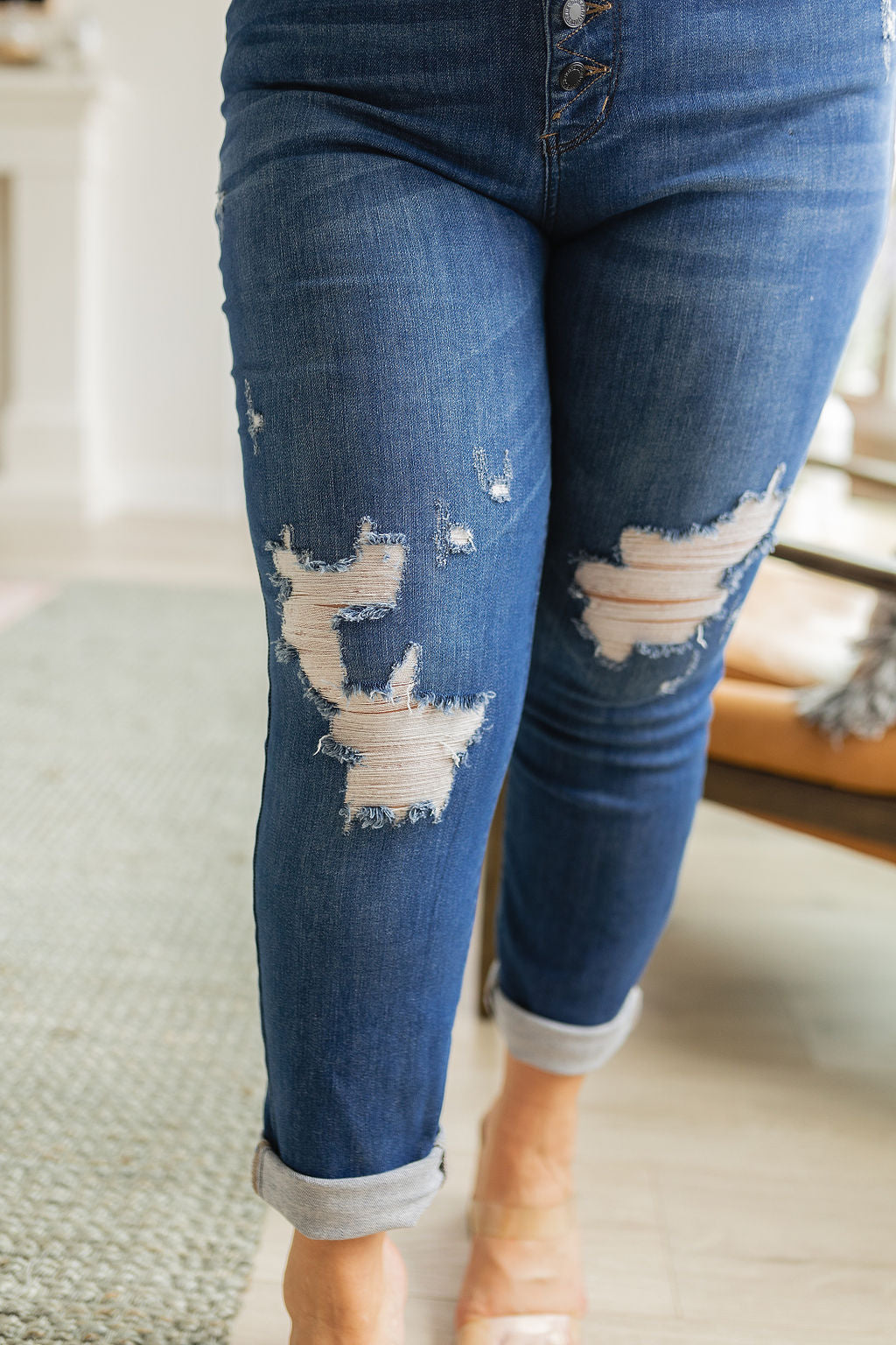 High Rise Button Fly Distressed Boyfriend Judy Blue Jeans