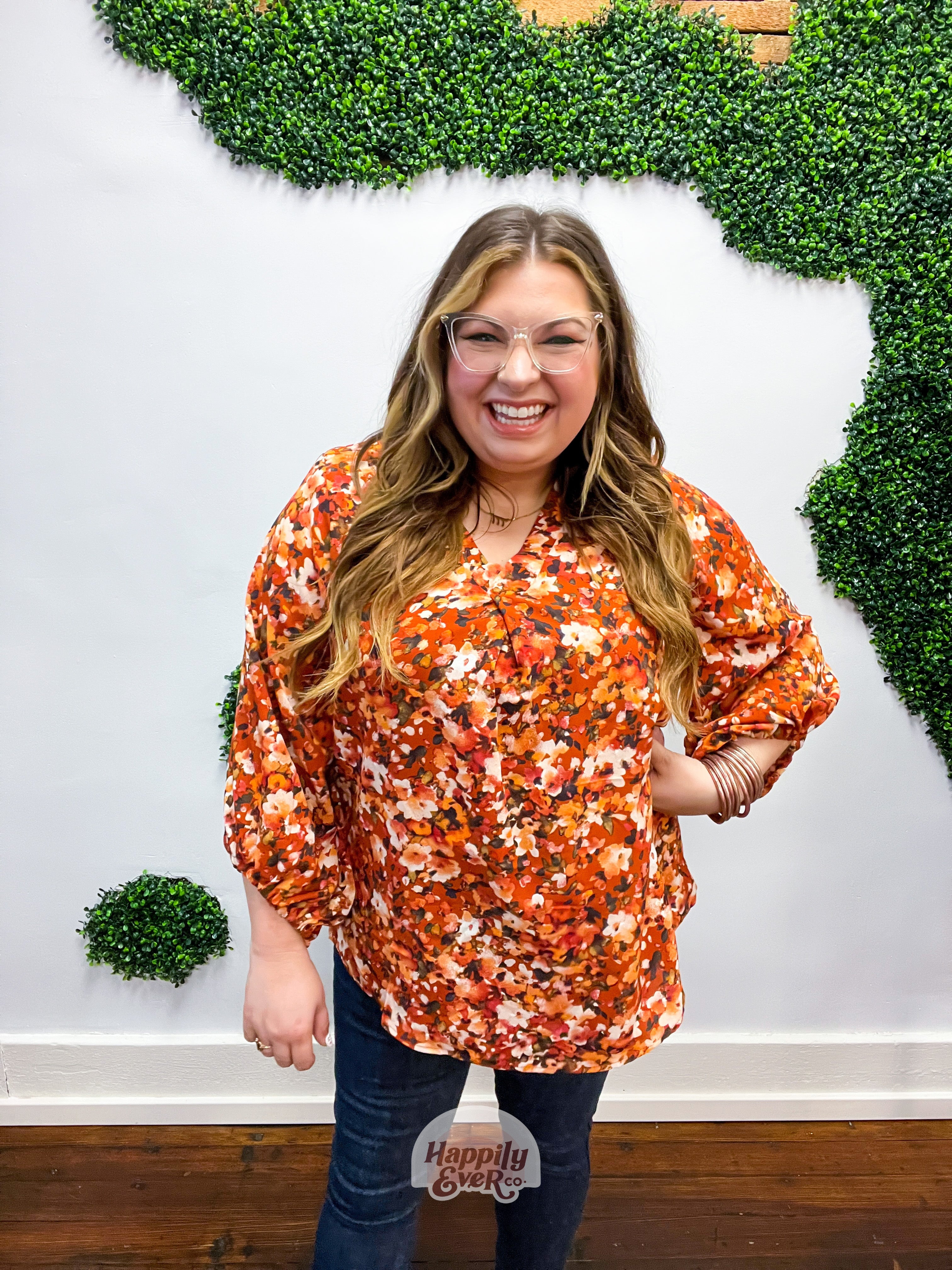Rust Floral Print V Neck Woven Top *FINAL SALE* 1X ONLY!*