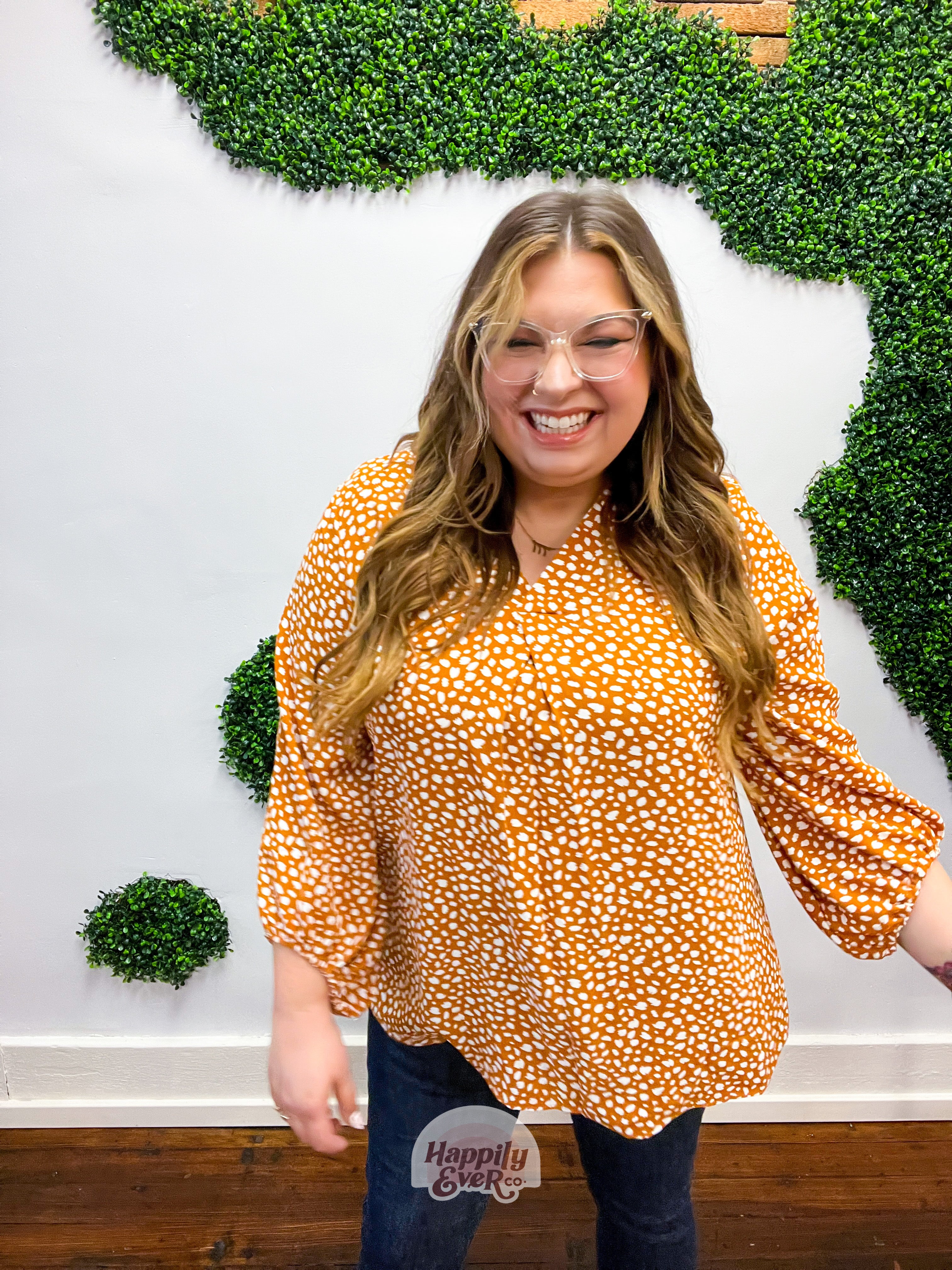 Mustard Abstract Dot V Neck Woven Top