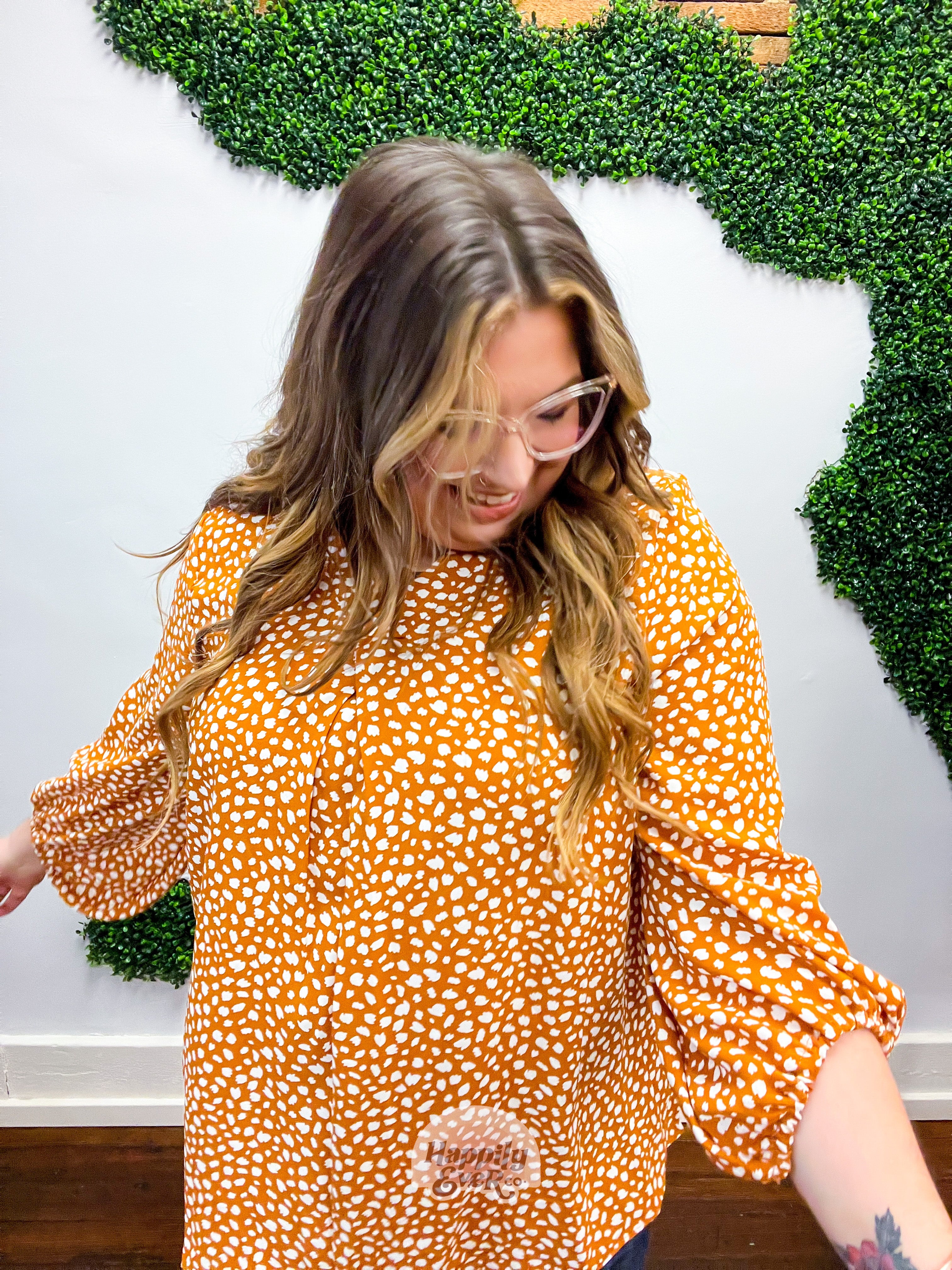 Mustard Abstract Dot V Neck Woven Top