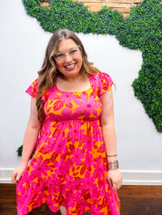 Fuchsia & Orange Tropical Floral Square Neck Dress