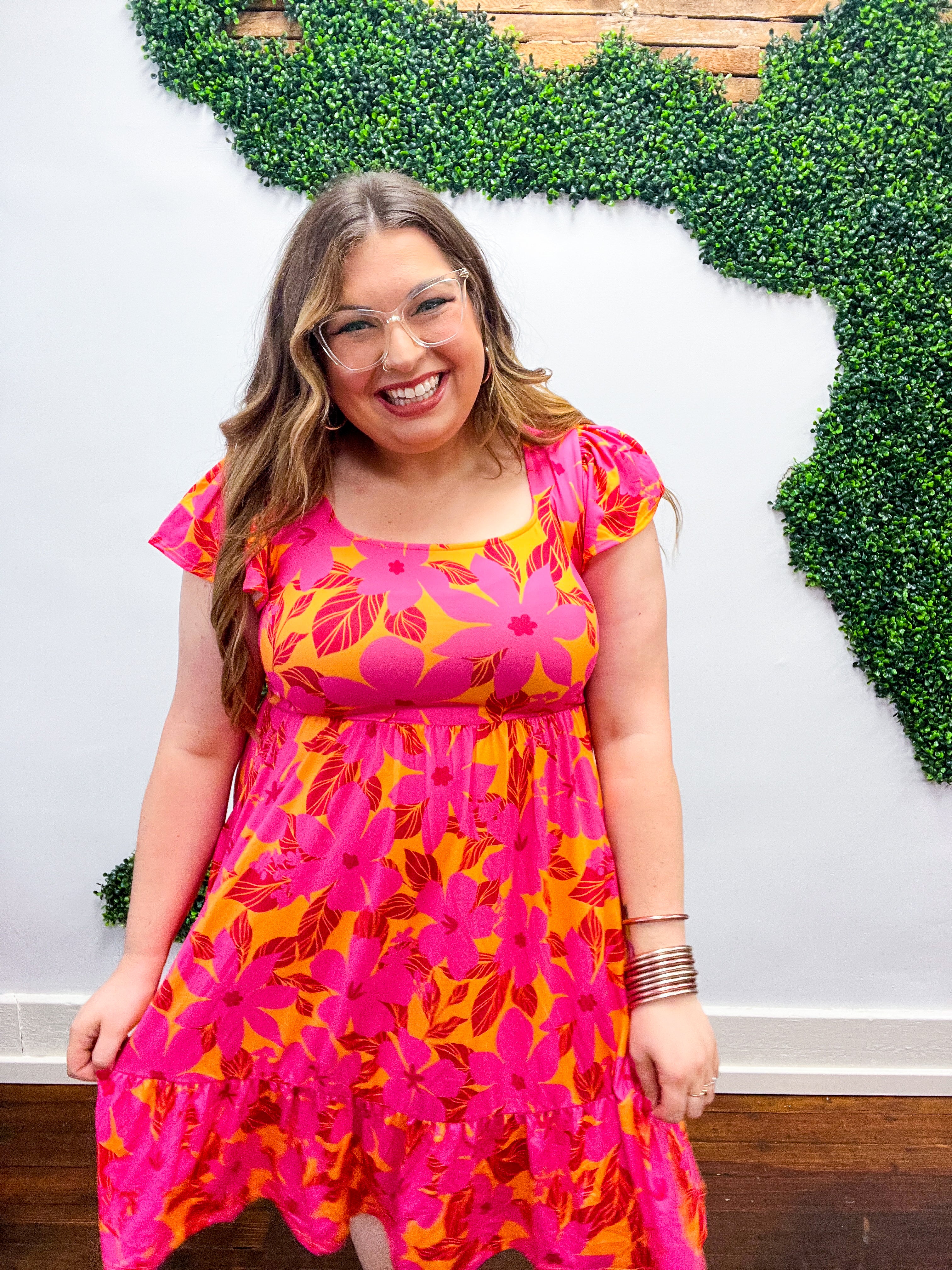 Fuchsia & Orange Tropical Floral Square Neck Dress