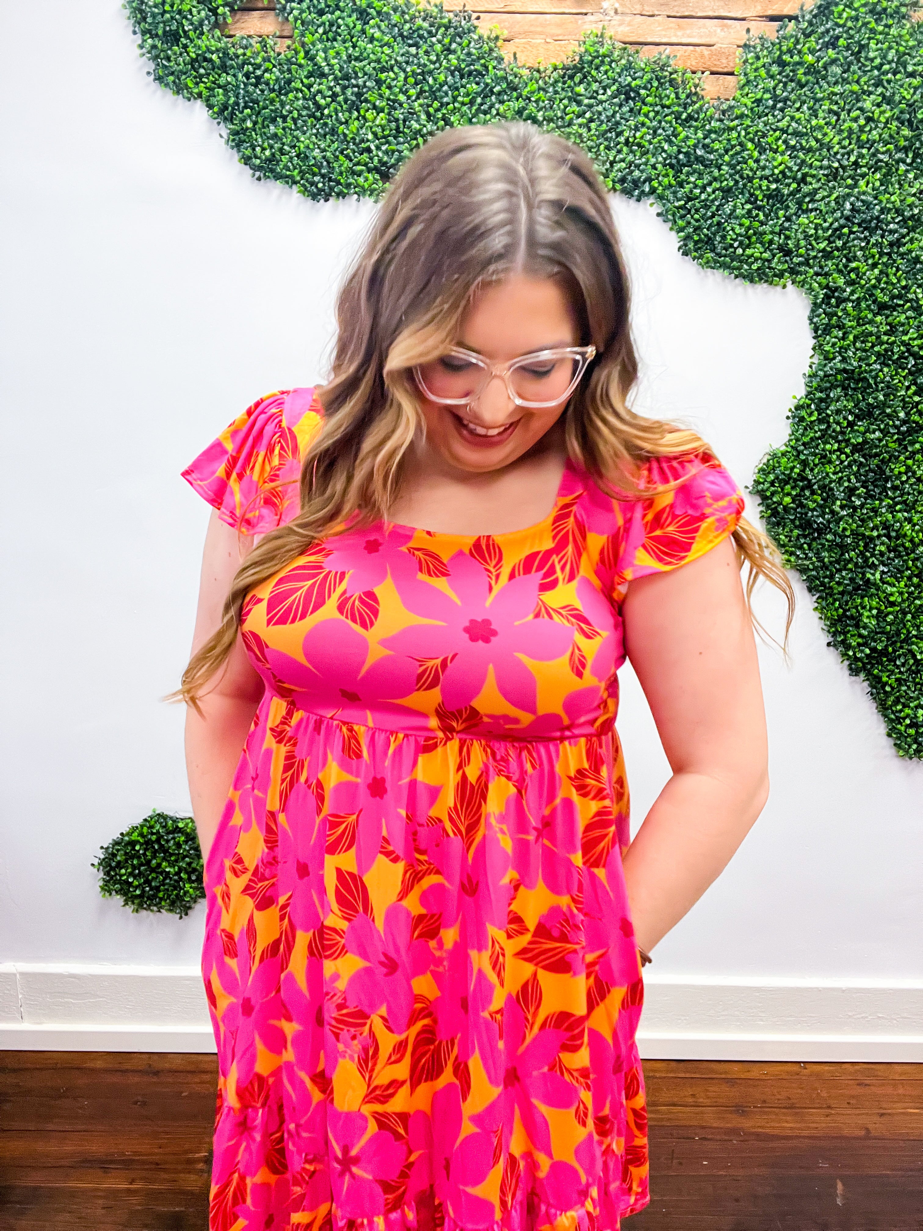 Fuchsia & Orange Tropical Floral Square Neck Dress