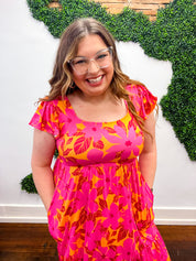 Fuchsia & Orange Tropical Floral Square Neck Dress