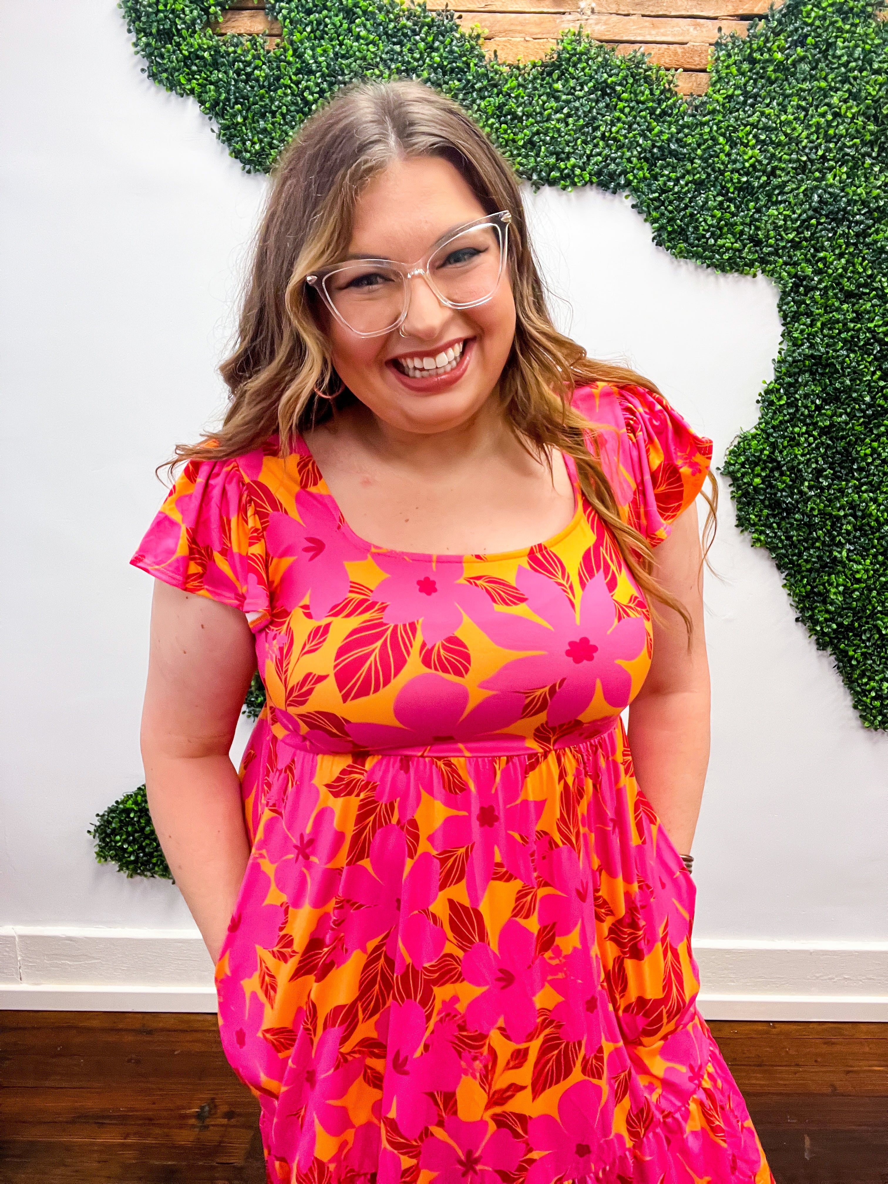 Fuchsia & Orange Tropical Floral Square Neck Dress