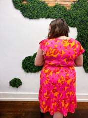 Fuchsia & Orange Tropical Floral Square Neck Dress