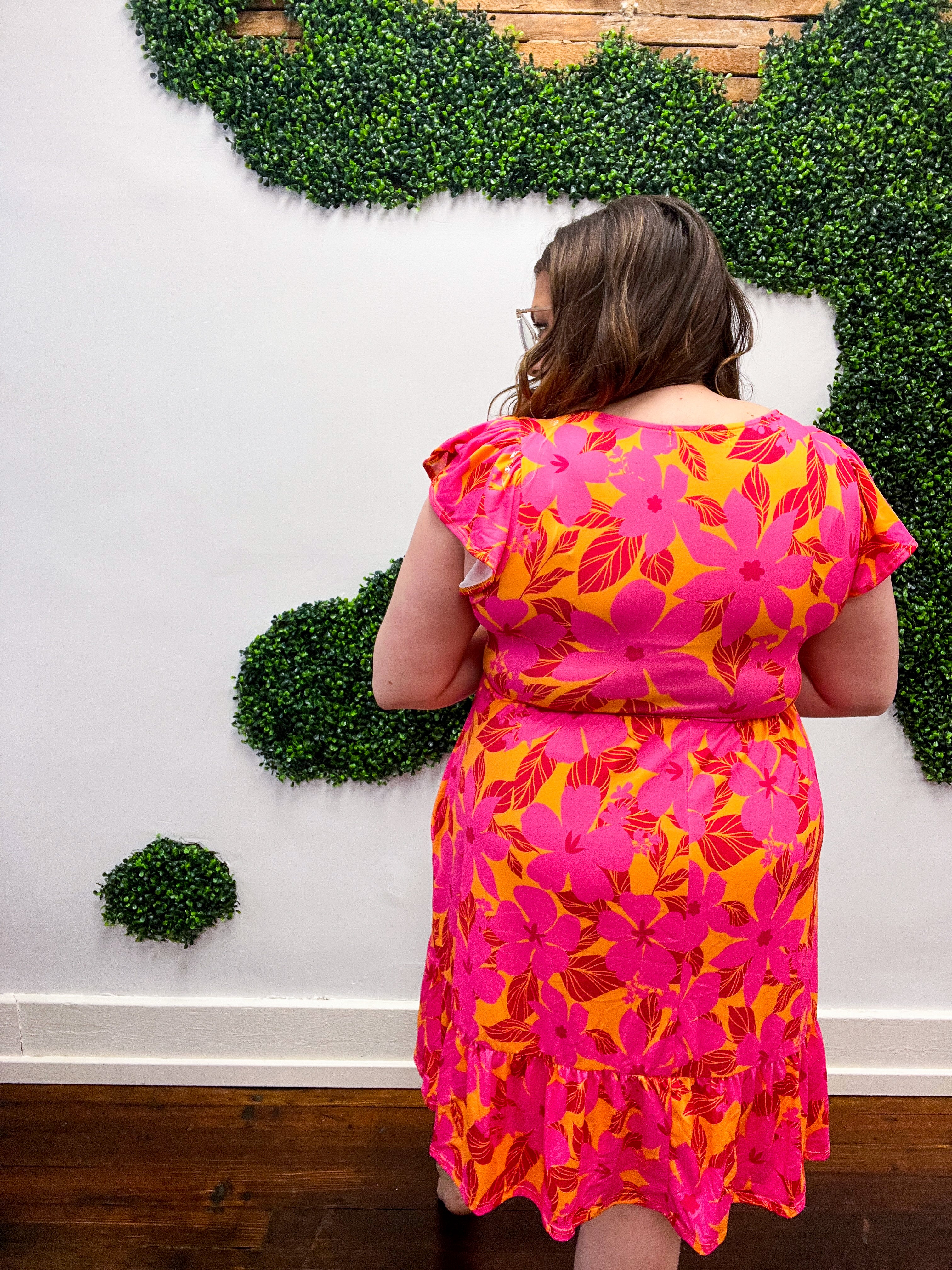 Fuchsia & Orange Tropical Floral Square Neck Dress