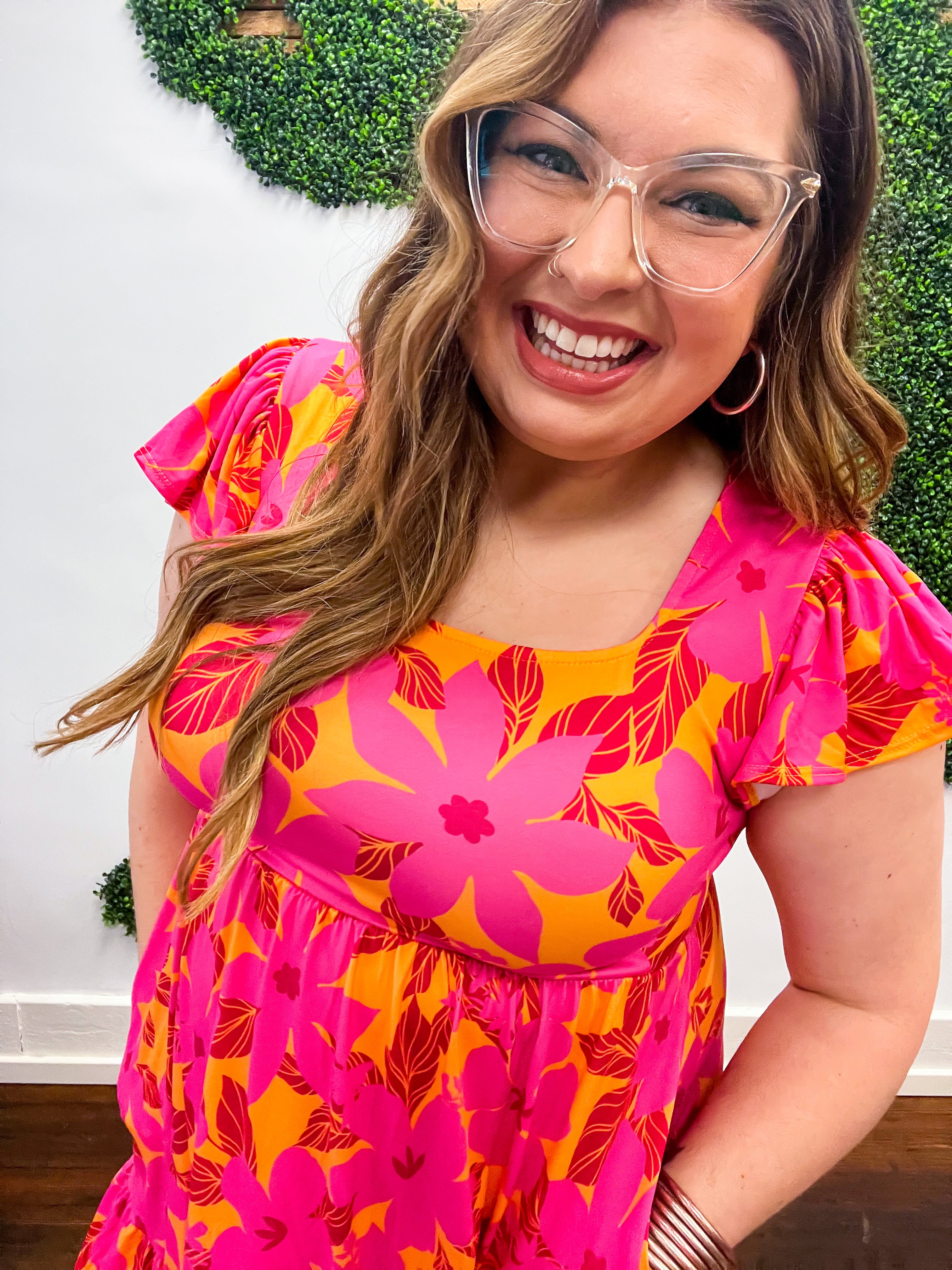 Fuchsia & Orange Tropical Floral Square Neck Dress