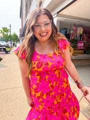 Fuchsia & Orange Tropical Floral Square Neck Dress