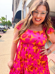 Fuchsia & Orange Tropical Floral Square Neck Dress
