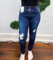 Mid Rise WannaBettaButt 3 Button Distressed Tummy Control Skinny Jeans by RFM  - Dark Wash