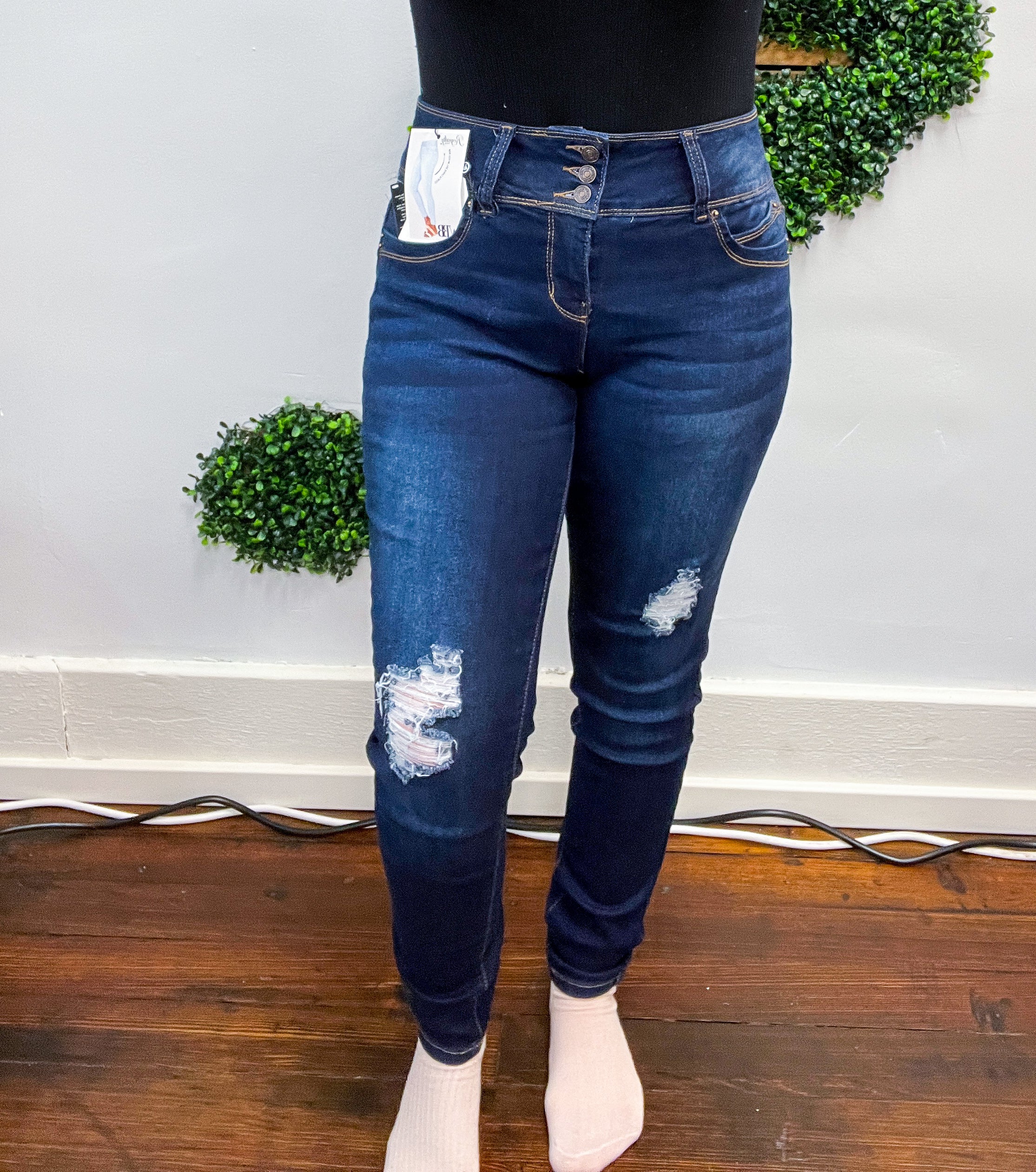 Mid Rise WannaBettaButt 3 Button Distressed Tummy Control Skinny Jeans by RFM  - Dark Wash