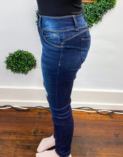 Mid Rise WannaBettaButt 3 Button Distressed Tummy Control Skinny Jeans by RFM  - Dark Wash