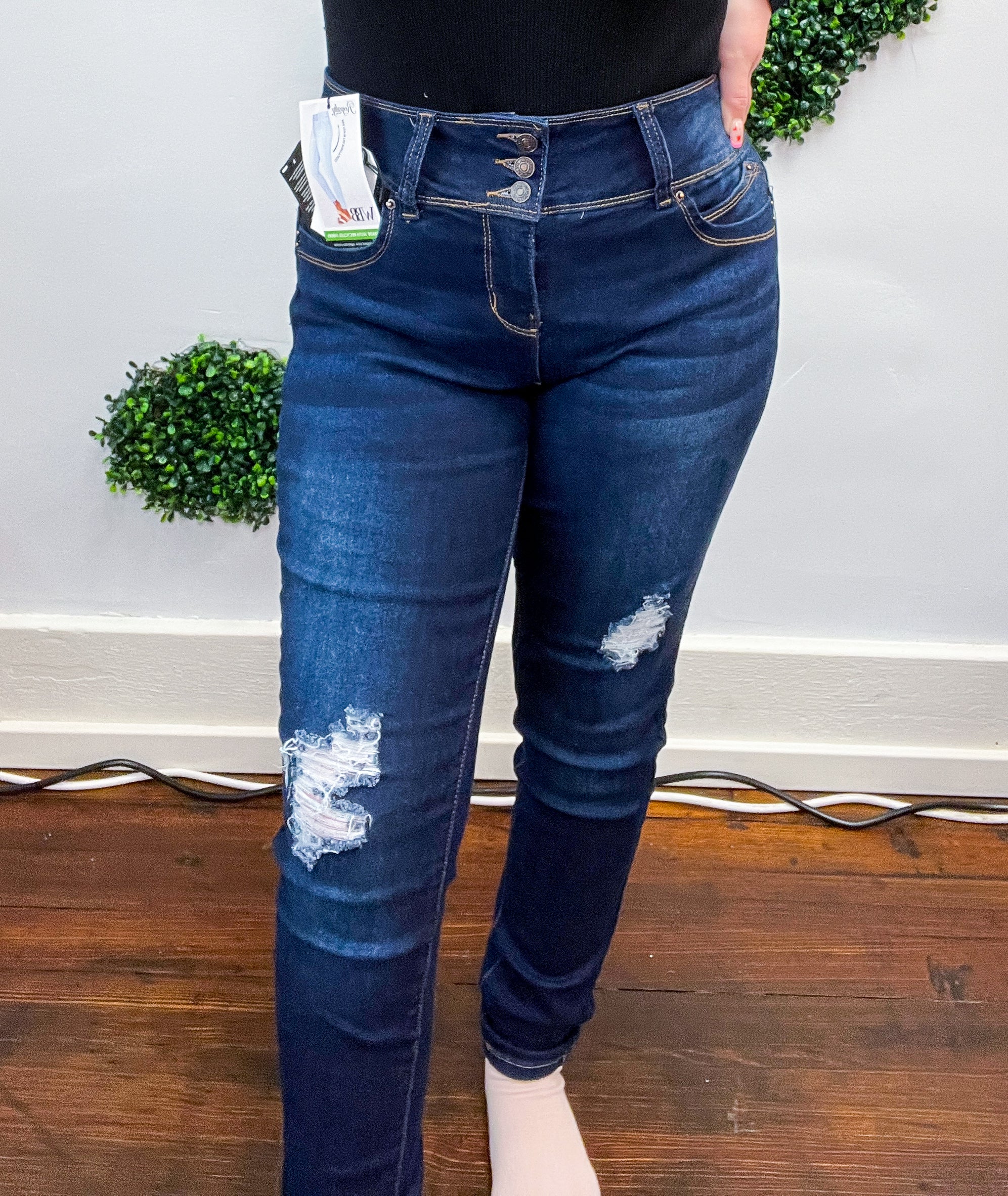 Mid Rise WannaBettaButt 3 Button Distressed Tummy Control Skinny Jeans by RFM  - Dark Wash