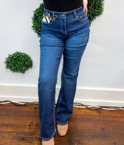 Mid Rise Non Distressed Flap Pocket Tummy Control  Bootcut Jeans by RFM - Dark Wash *FINAL SALE*