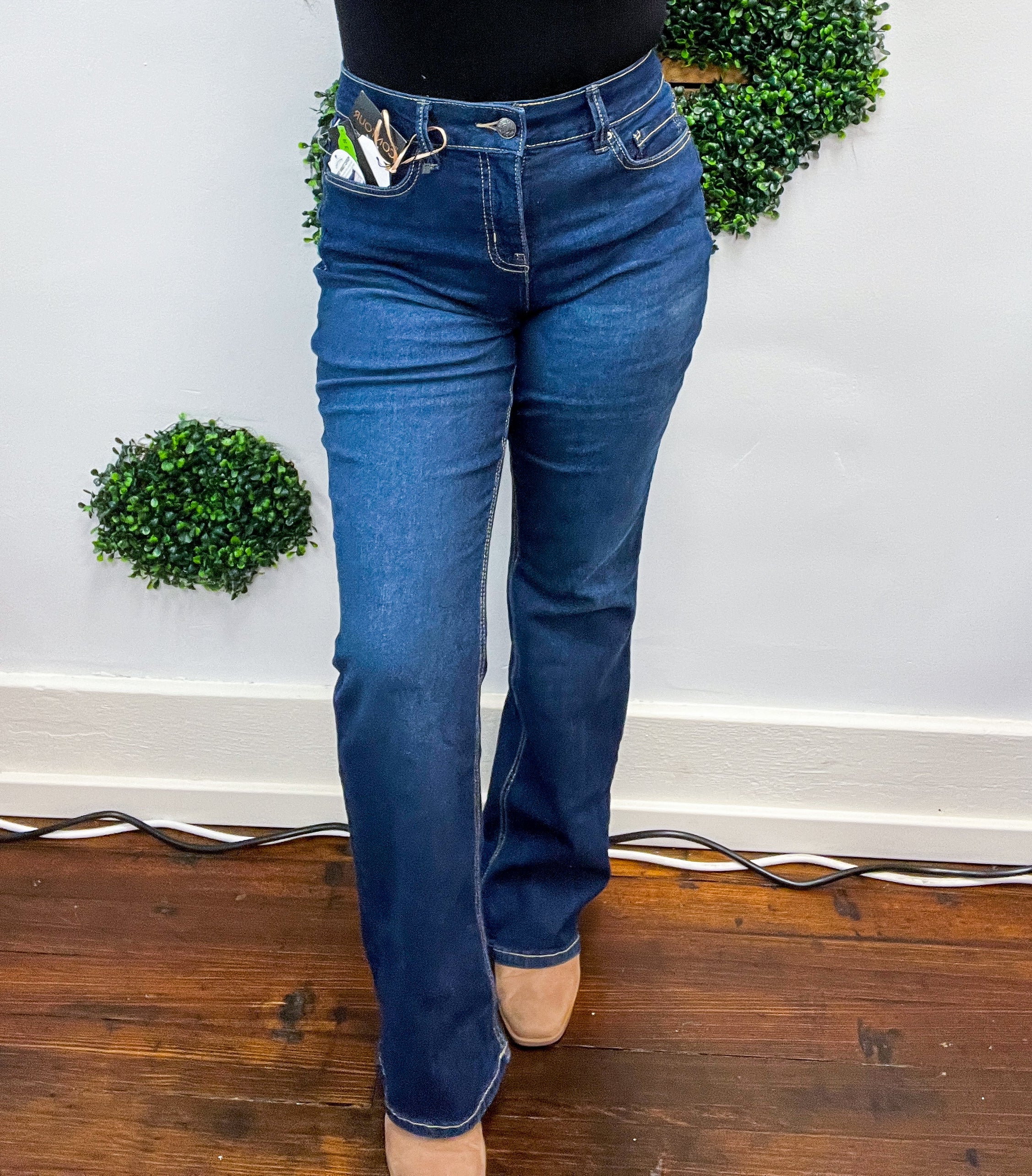Mid Rise Non Distressed Flap Pocket Tummy Control  Bootcut Jeans by RFM - Dark Wash *FINAL SALE*