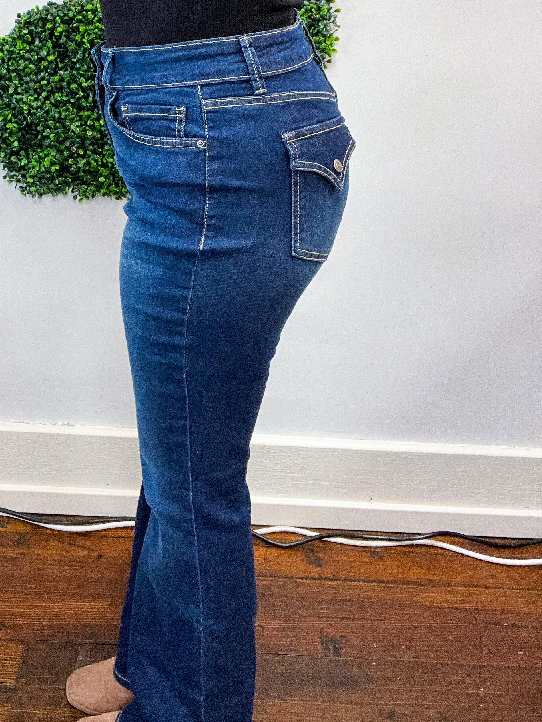 Mid Rise Non Distressed Flap Pocket Tummy Control  Bootcut Jeans by RFM - Dark Wash *FINAL SALE*