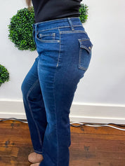 Mid Rise Non Distressed Flap Pocket Tummy Control  Bootcut Jeans by RFM - Dark Wash *FINAL SALE*