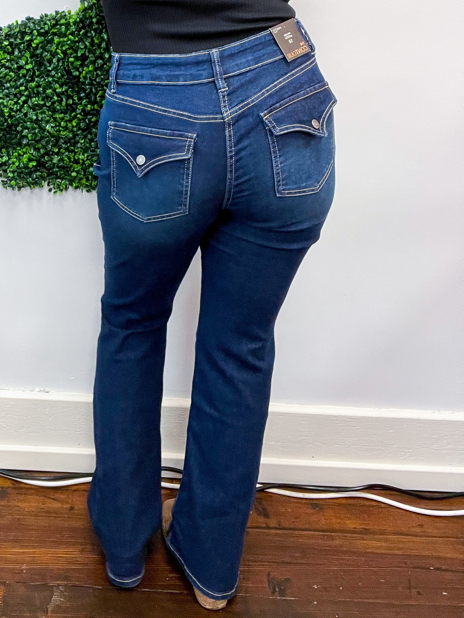 Mid Rise Non Distressed Flap Pocket Tummy Control  Bootcut Jeans by RFM - Dark Wash *FINAL SALE*