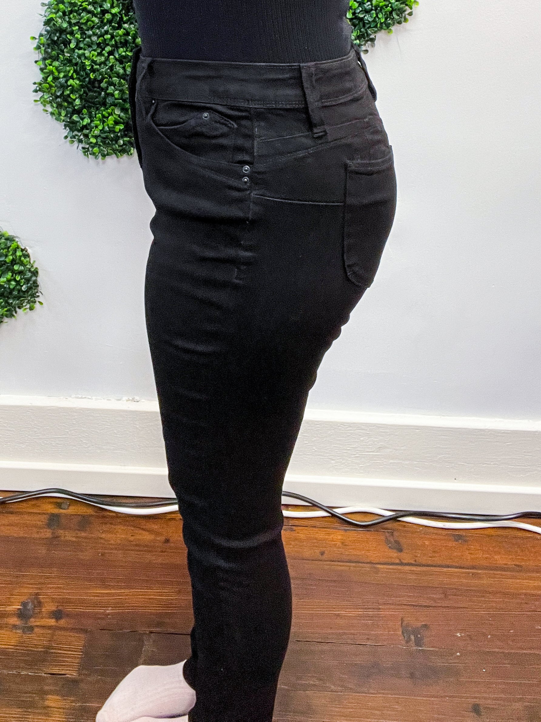 Mid Rise WannaBettaButt Non Distressed Tummy Control Skinny by RFM - Black
