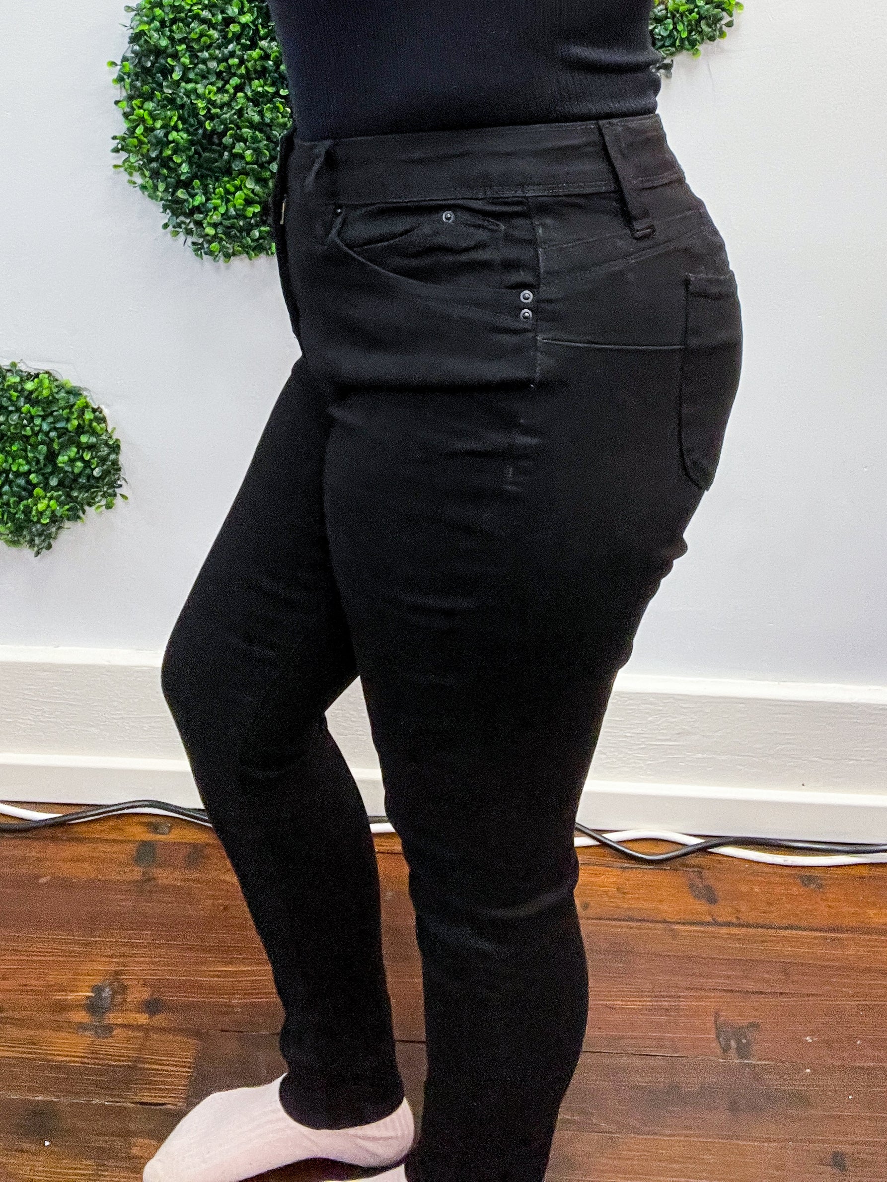 Mid Rise WannaBettaButt Non Distressed Tummy Control Skinny by RFM - Black