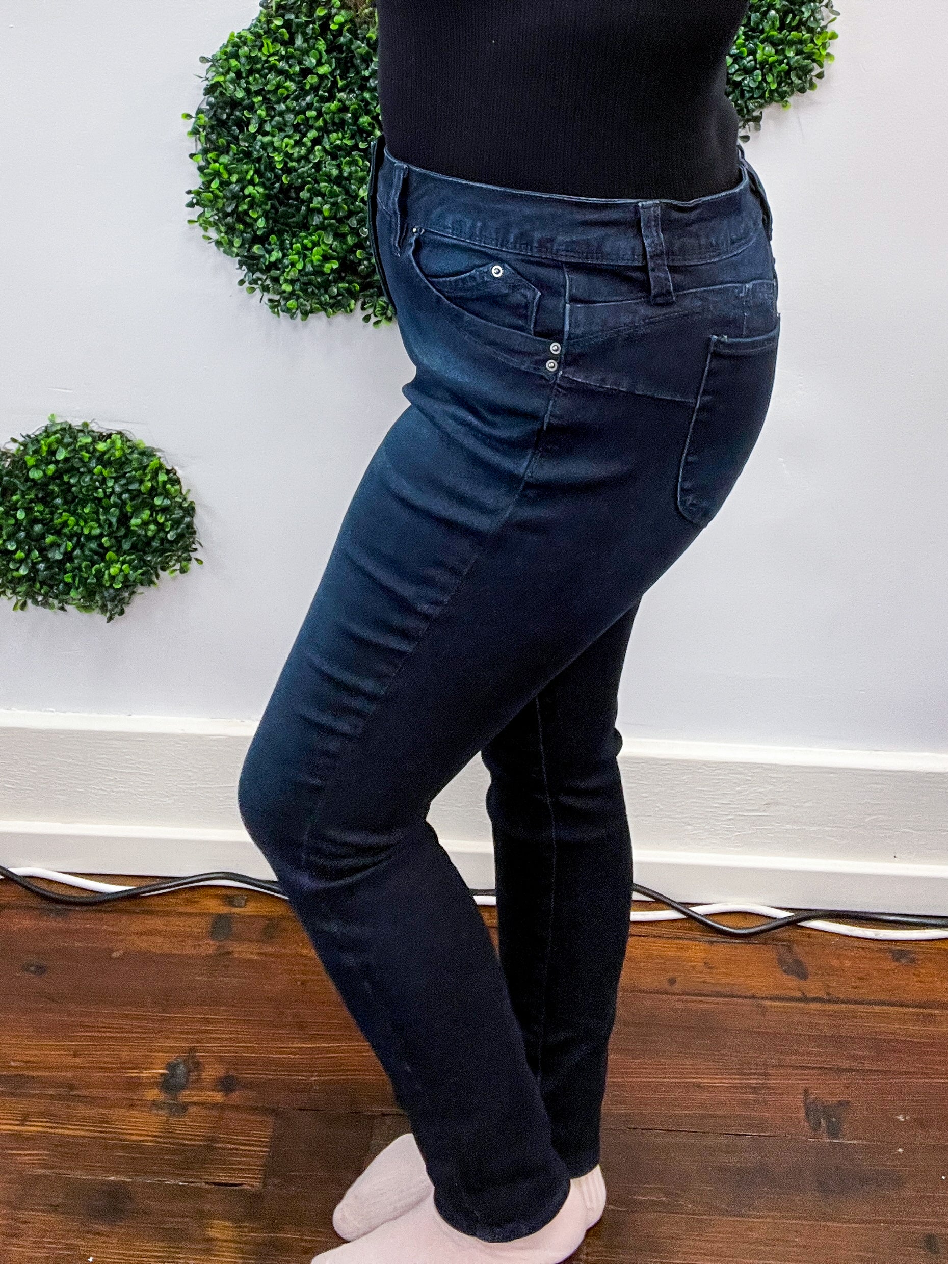 Mid Rise WannaBettaButt Non Distressed Tummy Control Skinny  by RFM - Super Dark Wash *FINAL SALE*