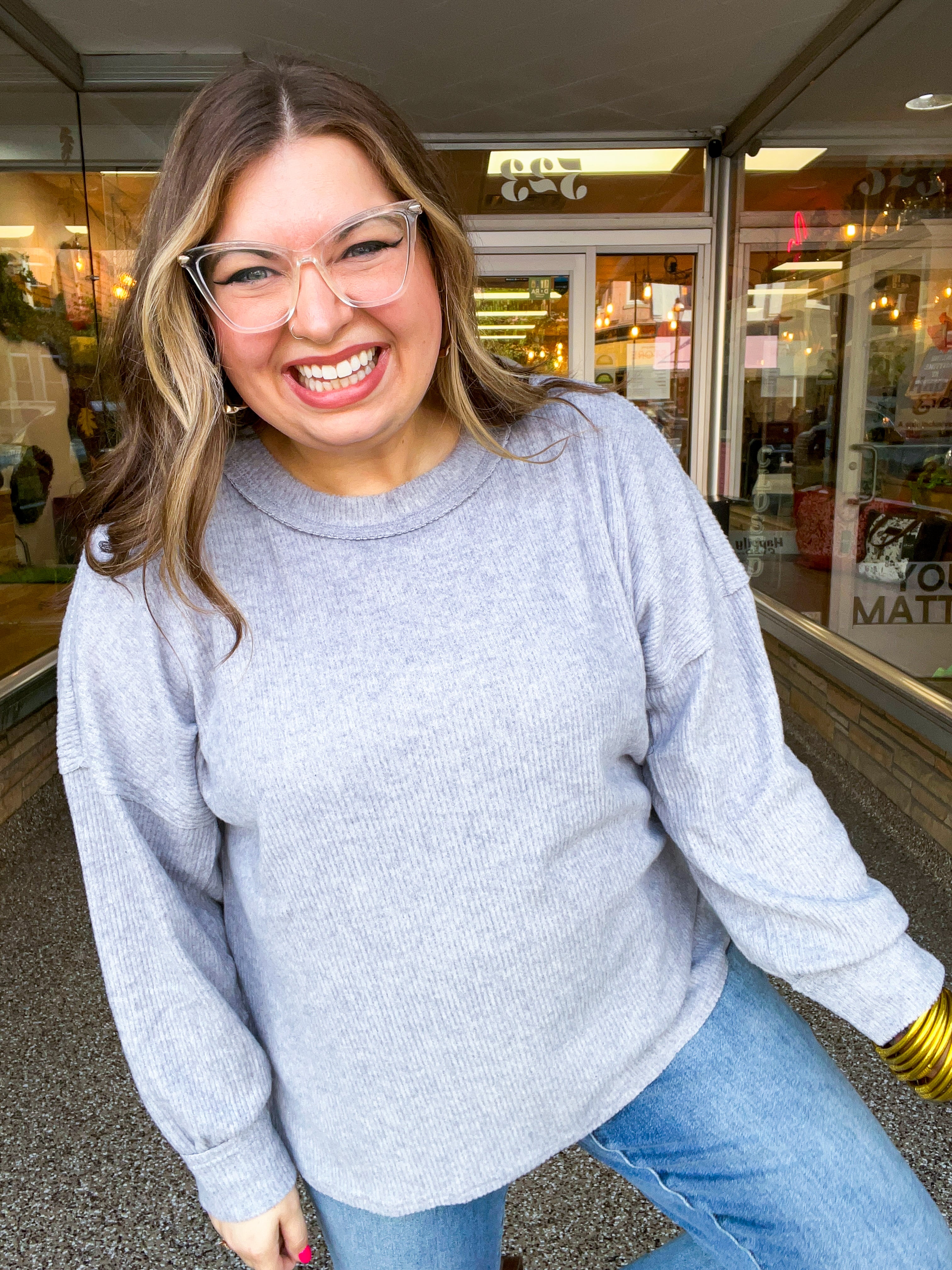 Meadow Ridge Drop Shoulder Sweater in Heather Grey
