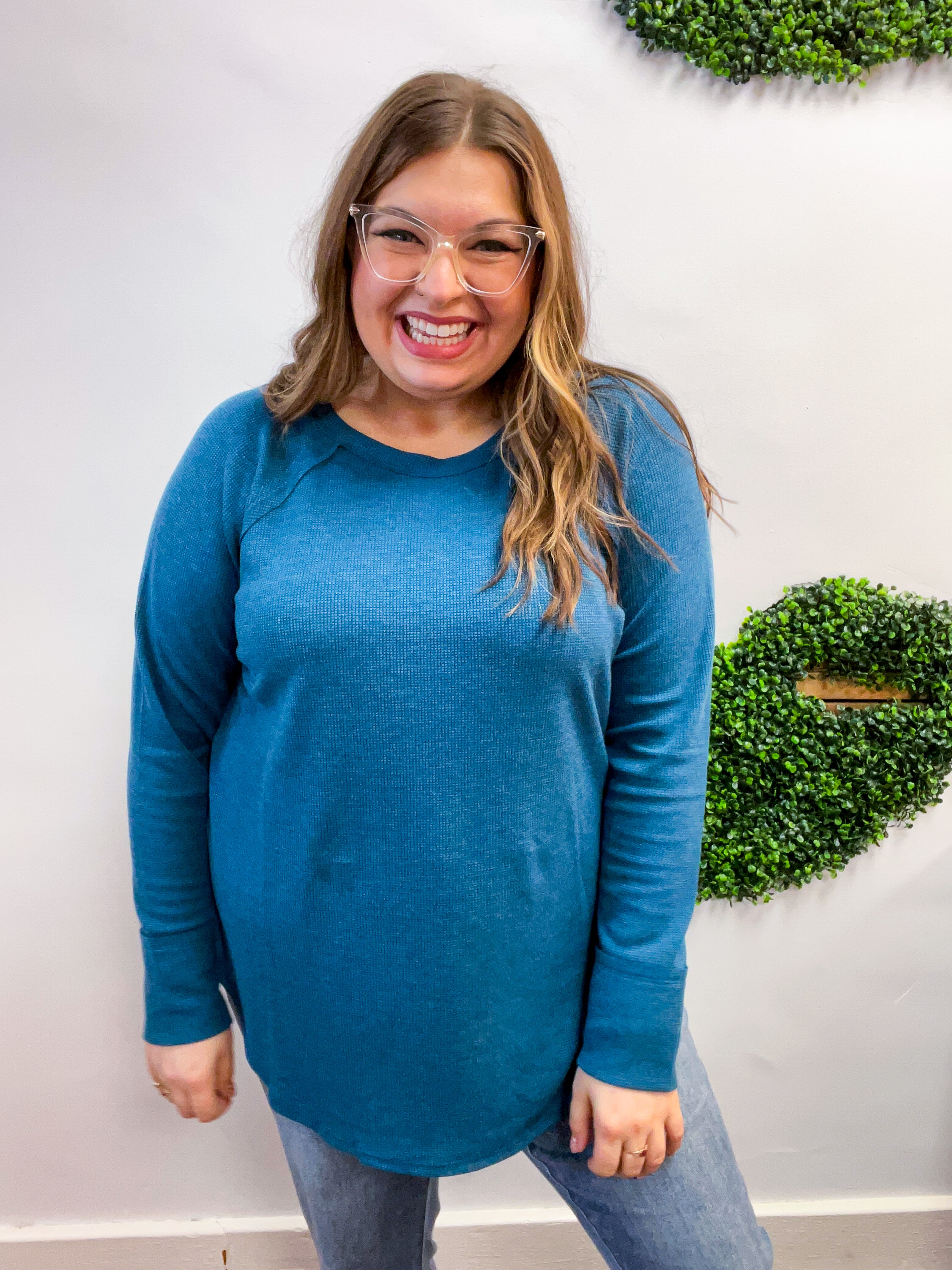 Country Lane Baby Waffle Long Sleeve Top in Teal