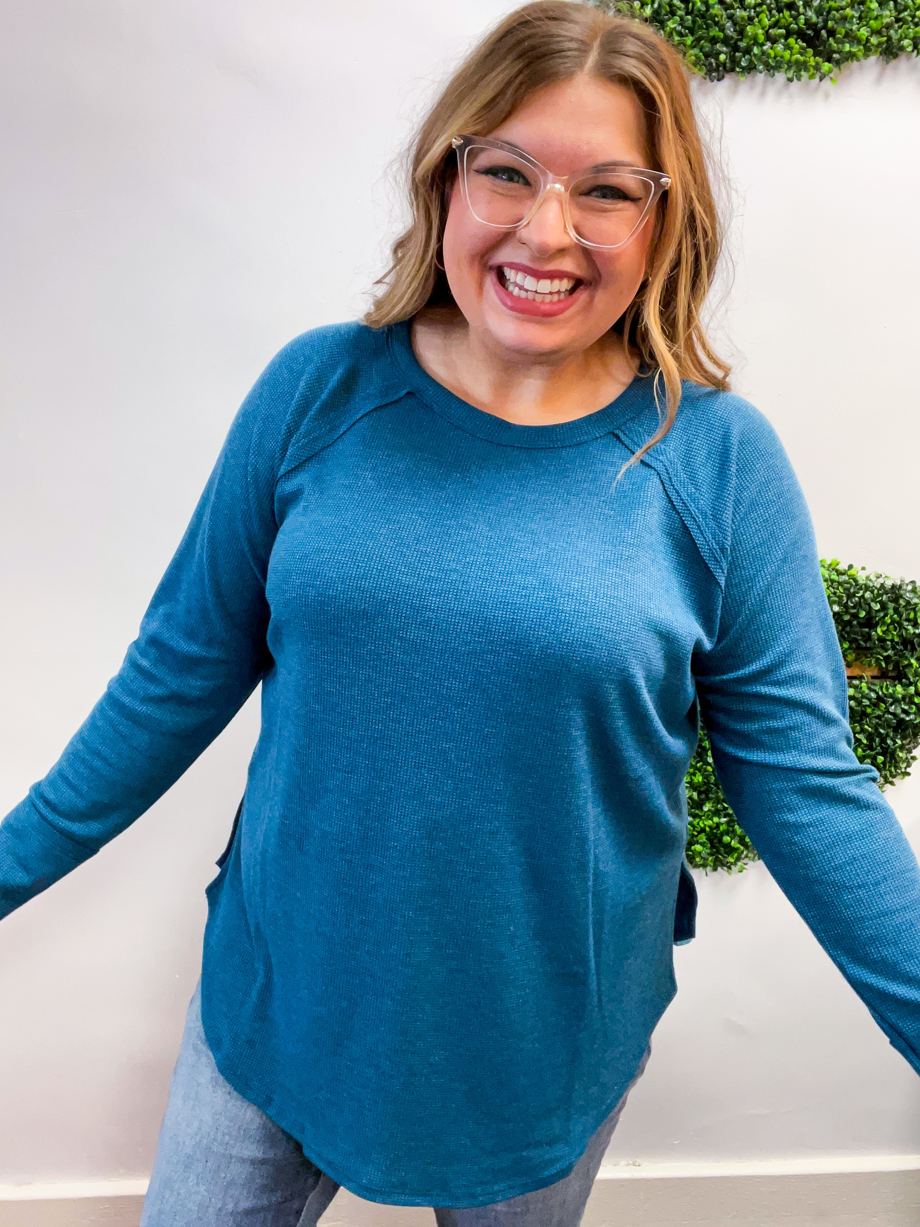 Country Lane Baby Waffle Long Sleeve Top in Teal