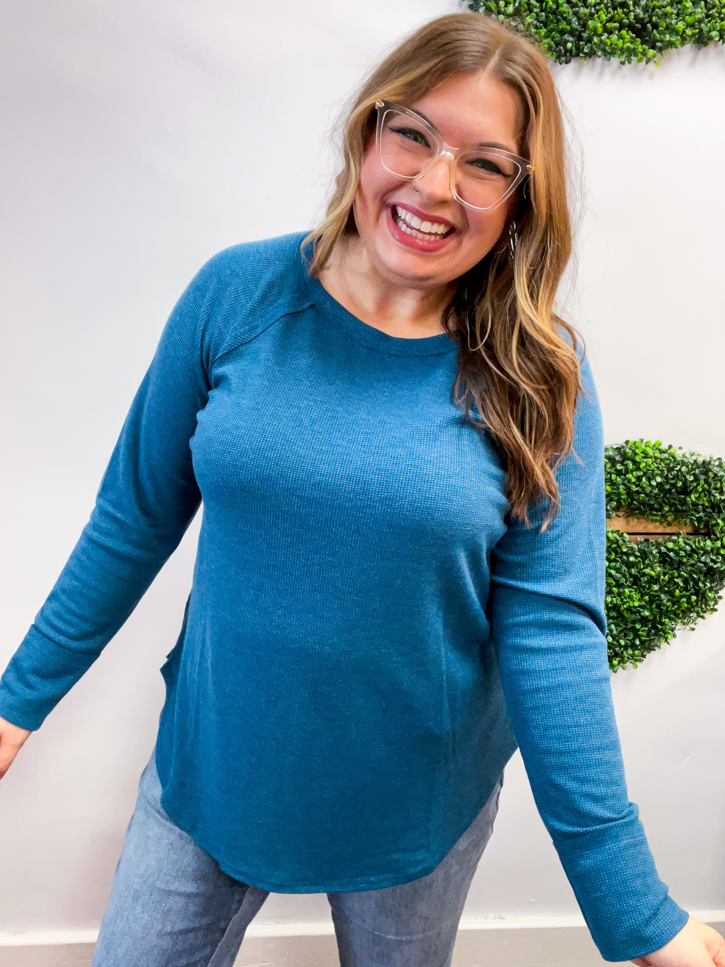 Country Lane Baby Waffle Long Sleeve Top in Teal
