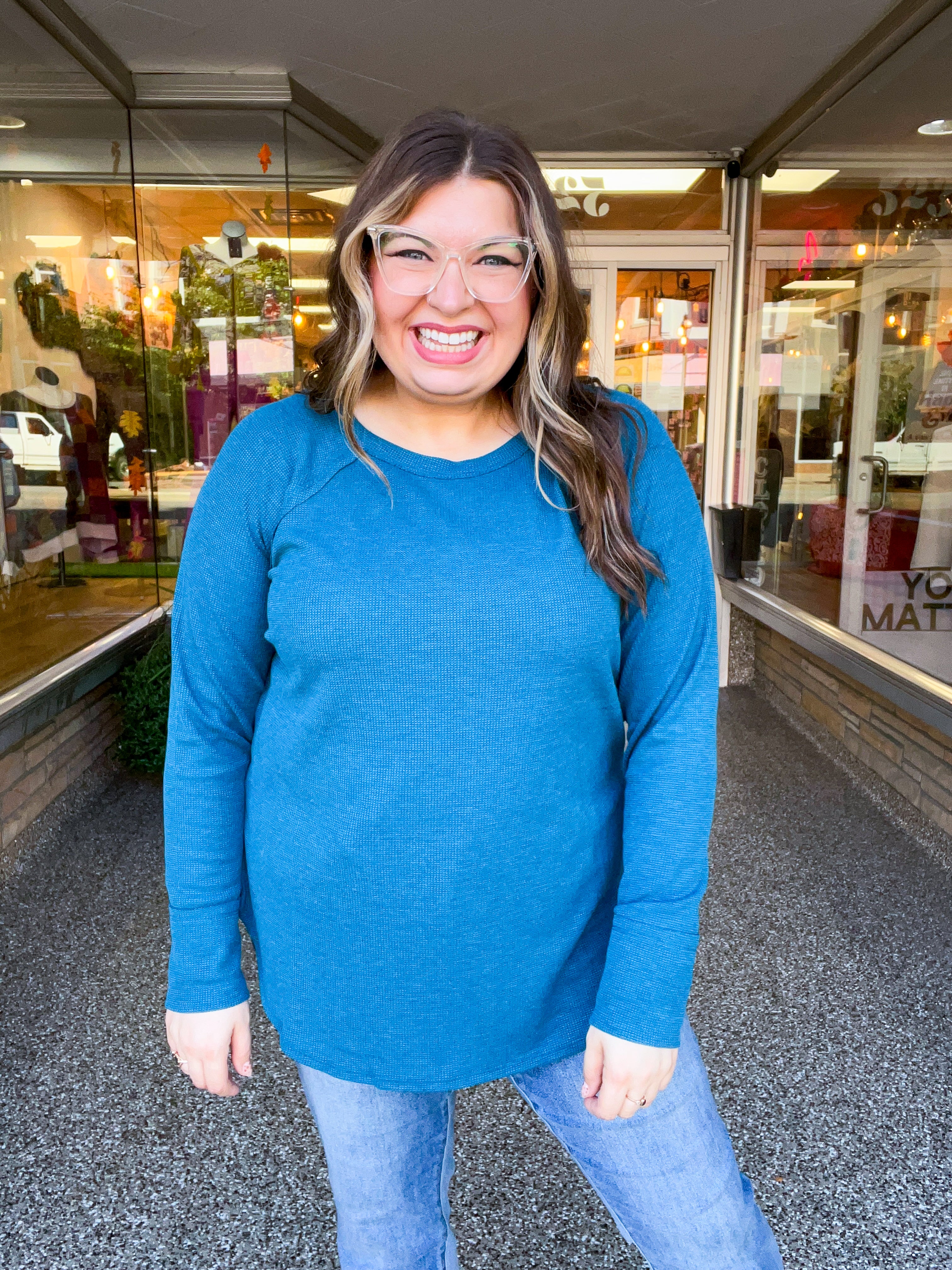Country Lane Baby Waffle Long Sleeve Top in Teal