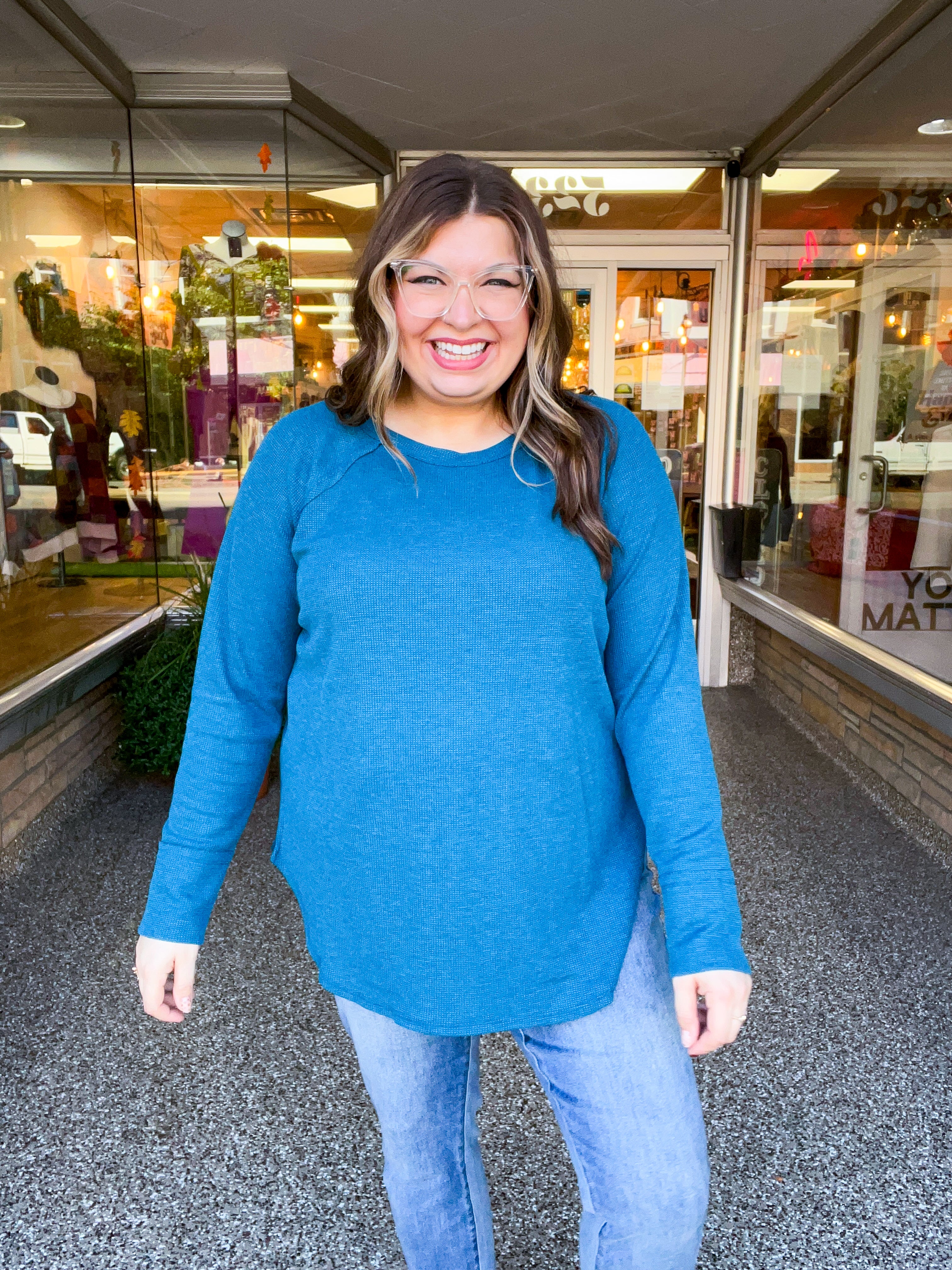 Country Lane Baby Waffle Long Sleeve Top in Teal